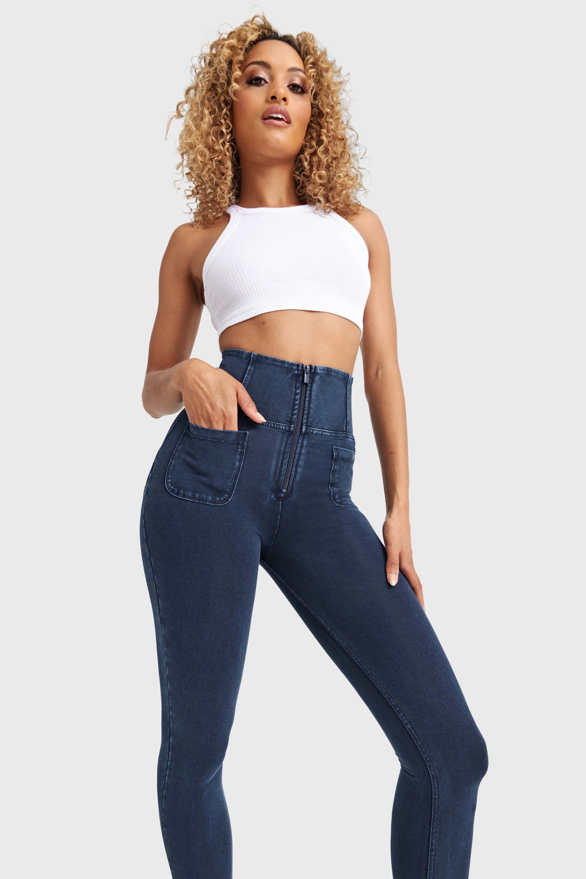WR.UP® Denim With Front Pockets - Super High Waisted - 7/8 Length - Dark Blue + Blue Stitching 3