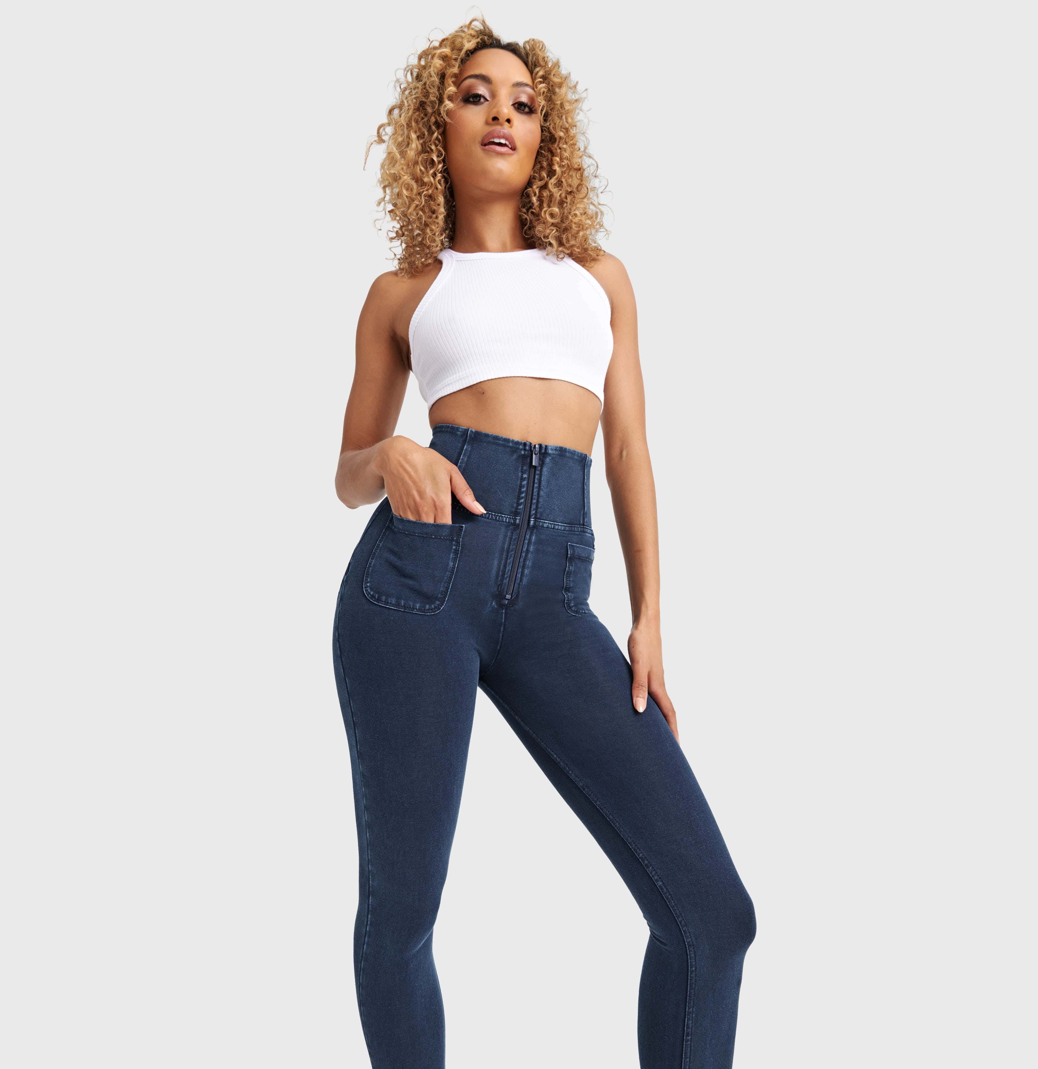 WR.UP® Denim With Front Pockets - Super High Waisted - 7/8 Length - Dark Blue + Blue Stitching 2