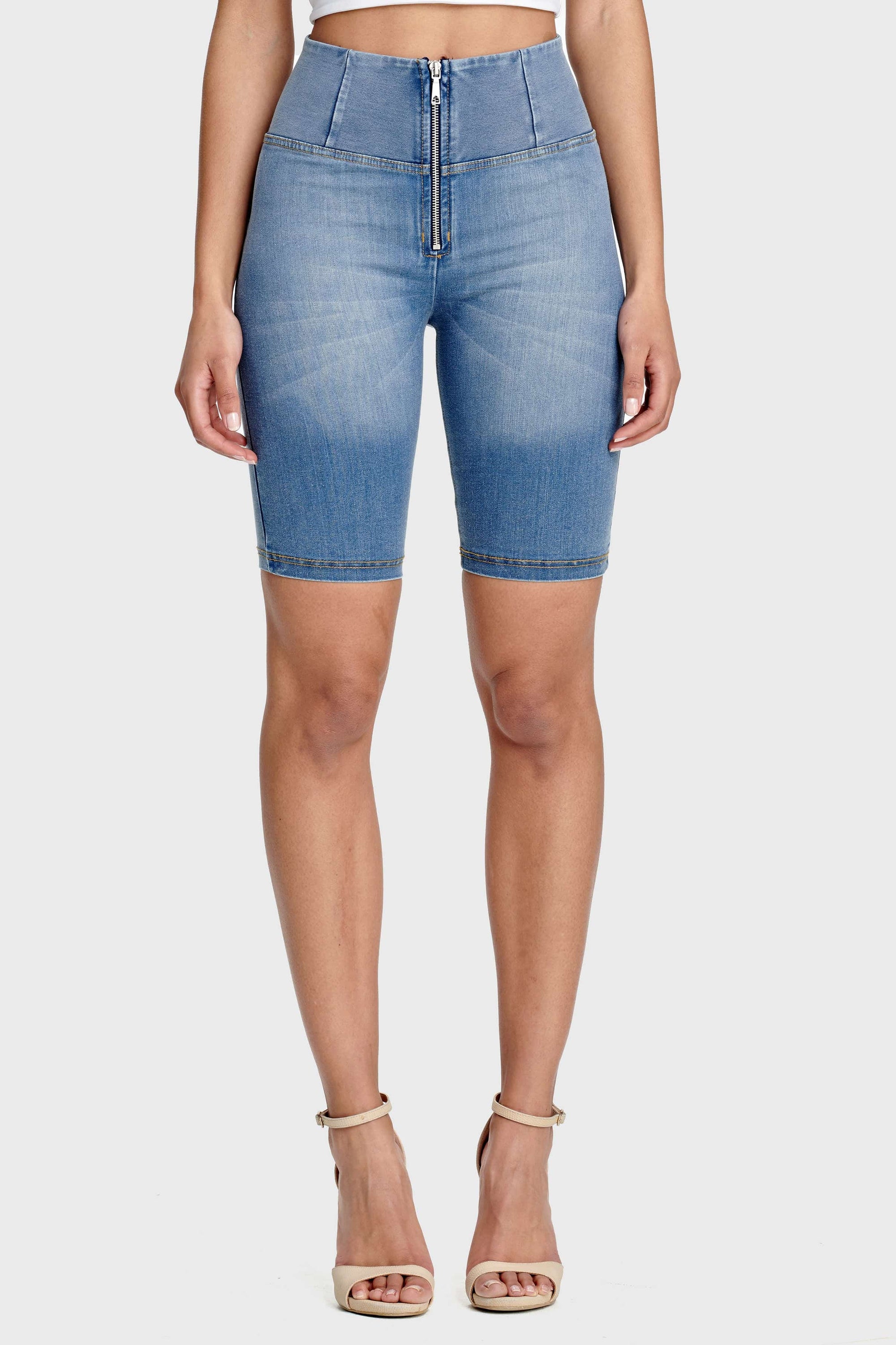 WR.UP® Denim - High Waisted - Biker Shorts - Light Blue + Yellow Stitching 3