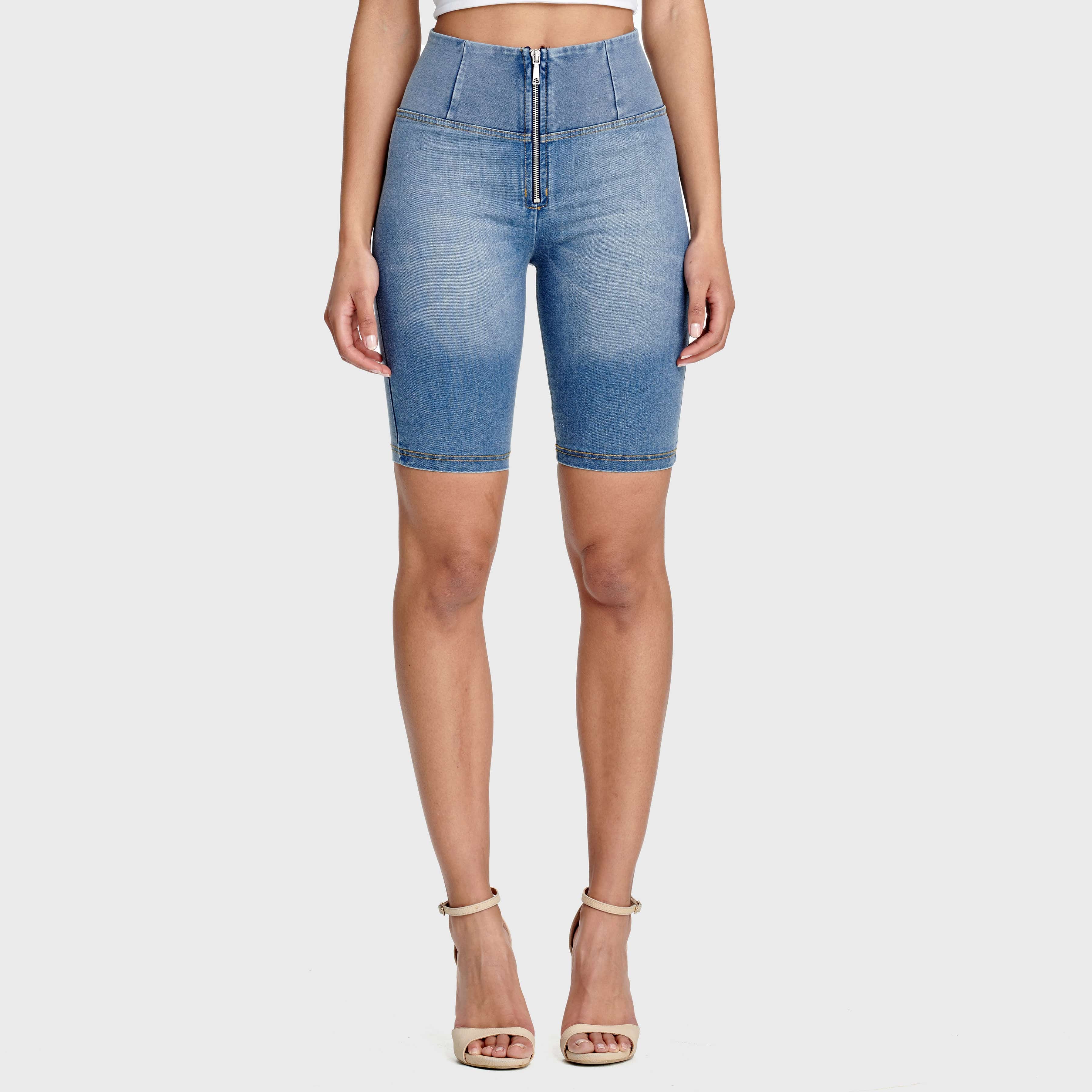 WR.UP® Denim - High Waisted - Biker Shorts - Light Blue + Yellow Stitching 2