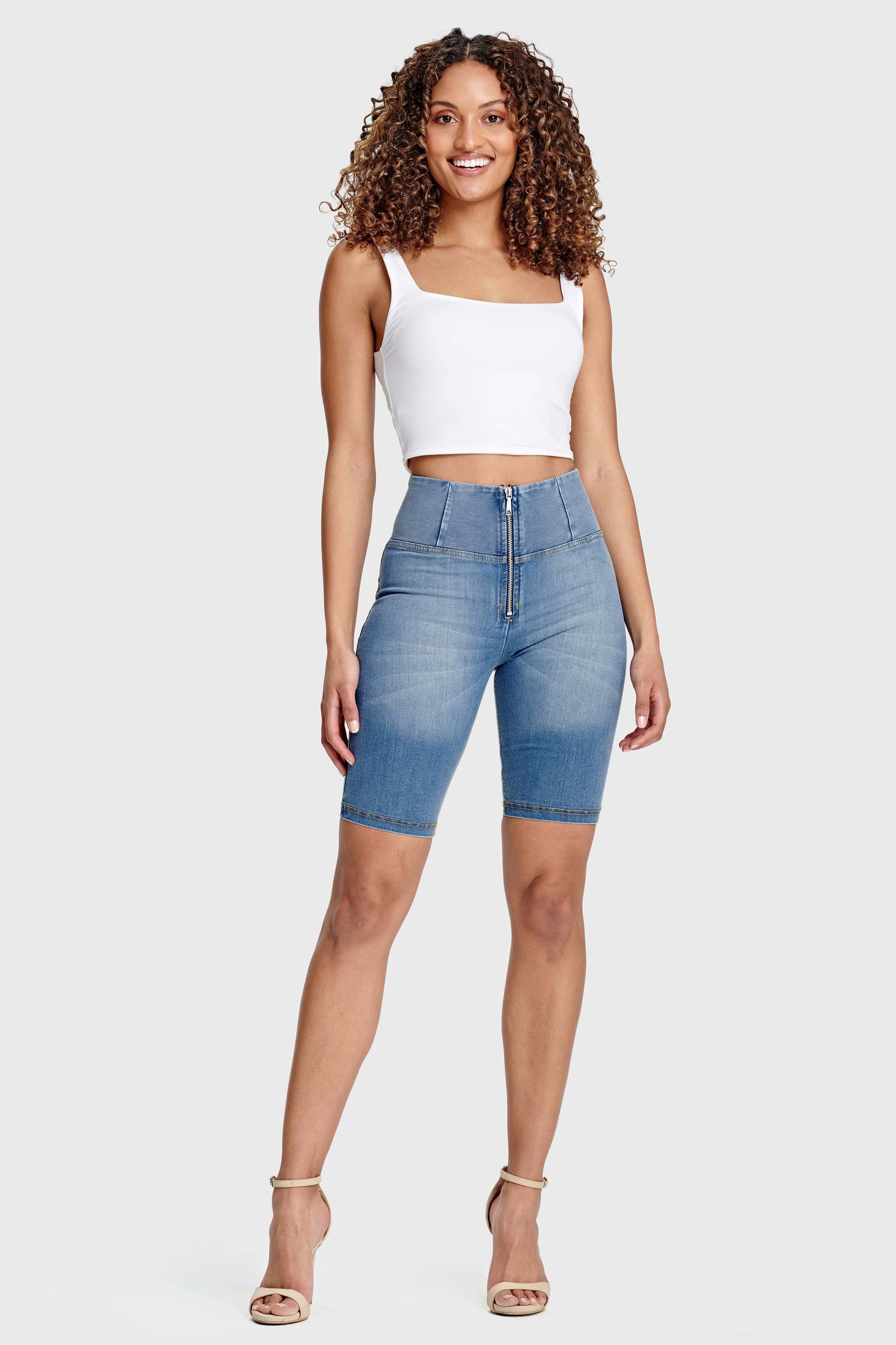 WR.UP® Denim - High Waisted - Biker Shorts - Light Blue + Yellow Stitching 8