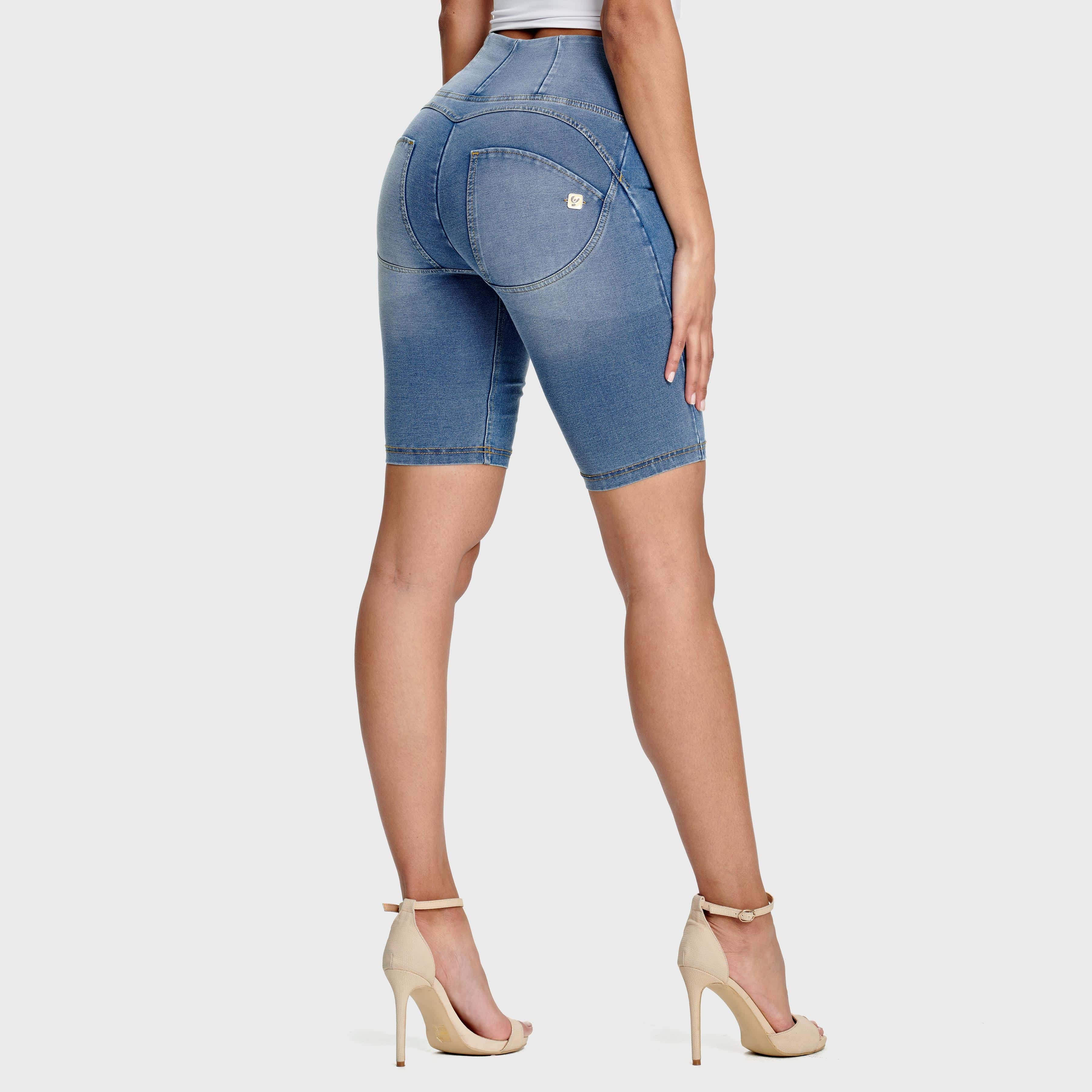 WR.UP® Denim - High Waisted - Biker Shorts - Light Blue + Yellow Stitching 1