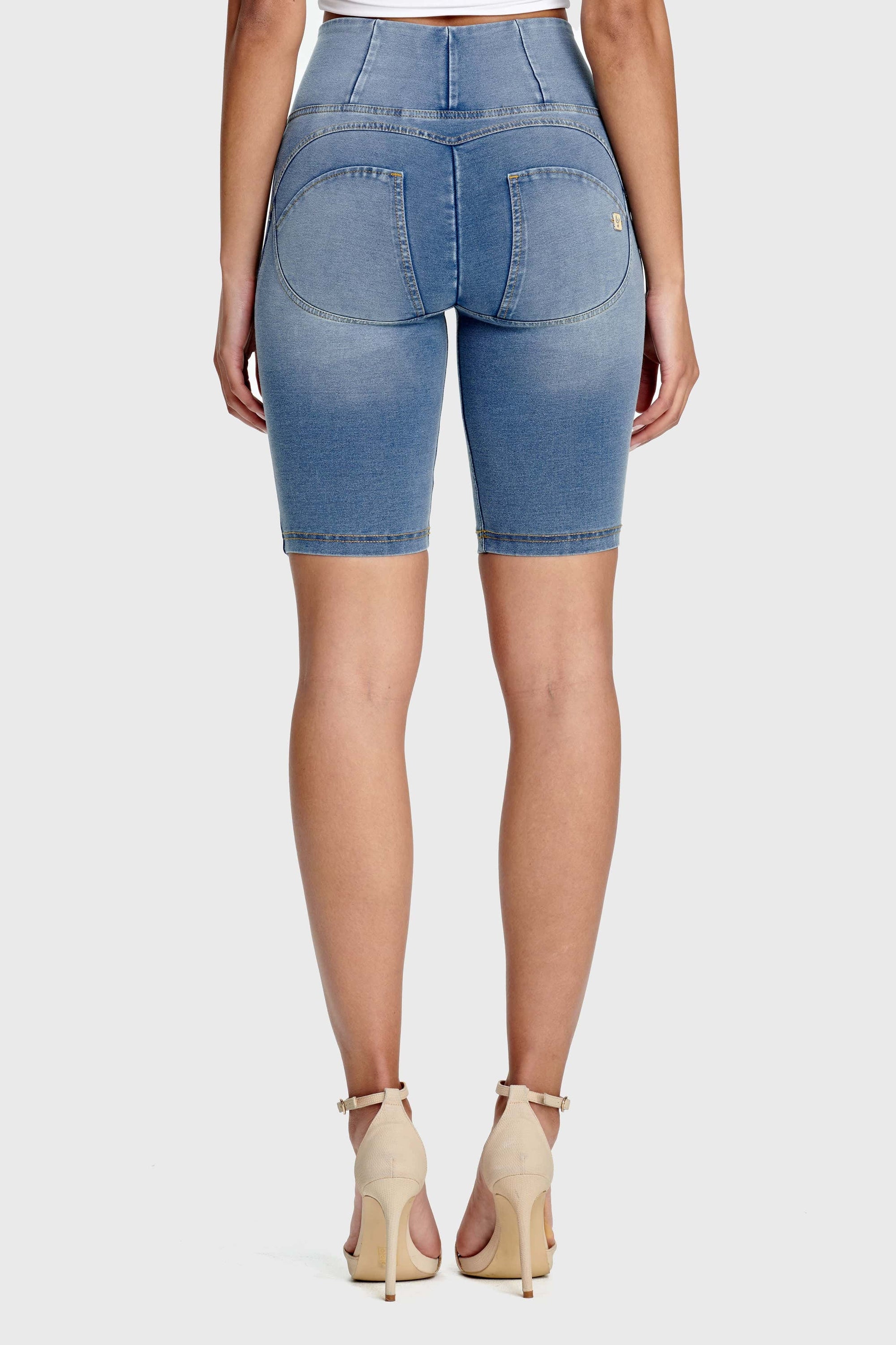 WR.UP® Denim - High Waisted - Biker Shorts - Light Blue + Yellow Stitching 4