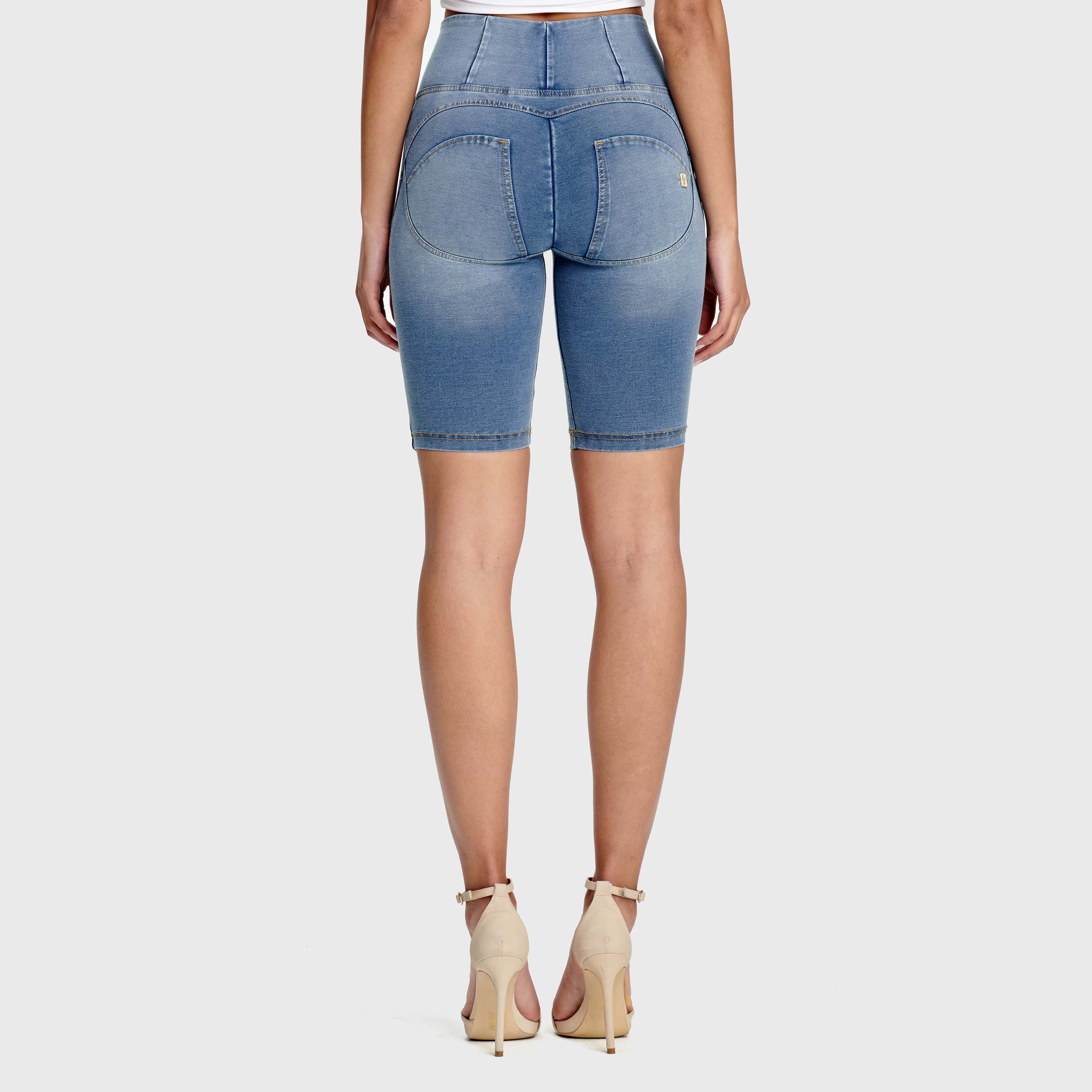 WR.UP® Denim - High Waisted - Biker Shorts - Light Blue + Yellow Stitching 3