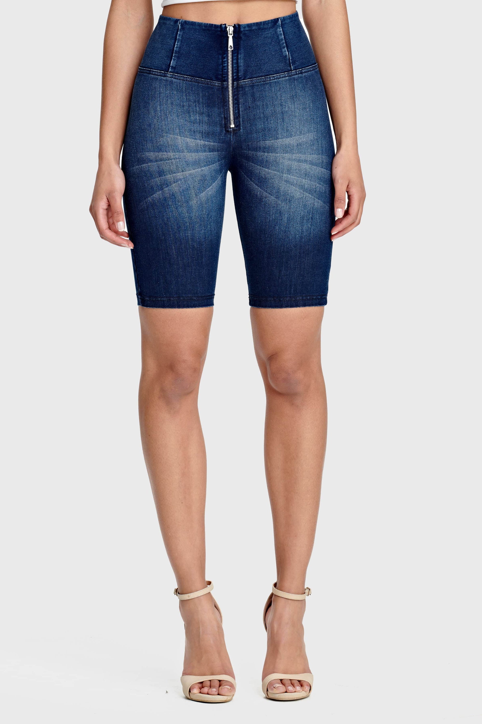 WR.UP® Denim - High Waisted - Biker Shorts - Dark Blue + Blue Stitching 3