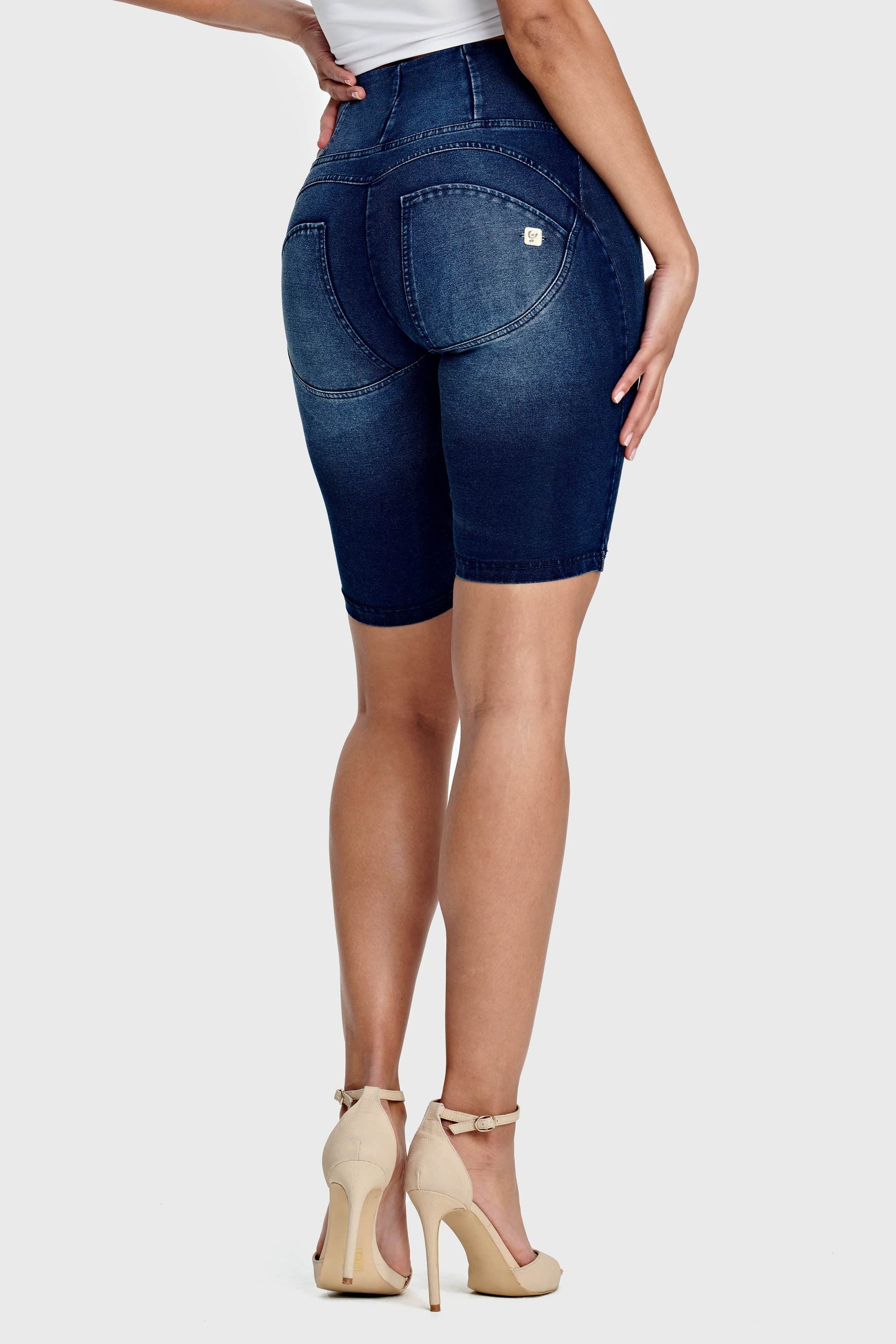 WR.UP® Denim - High Waisted - Biker Shorts - Dark Blue + Blue Stitching 6