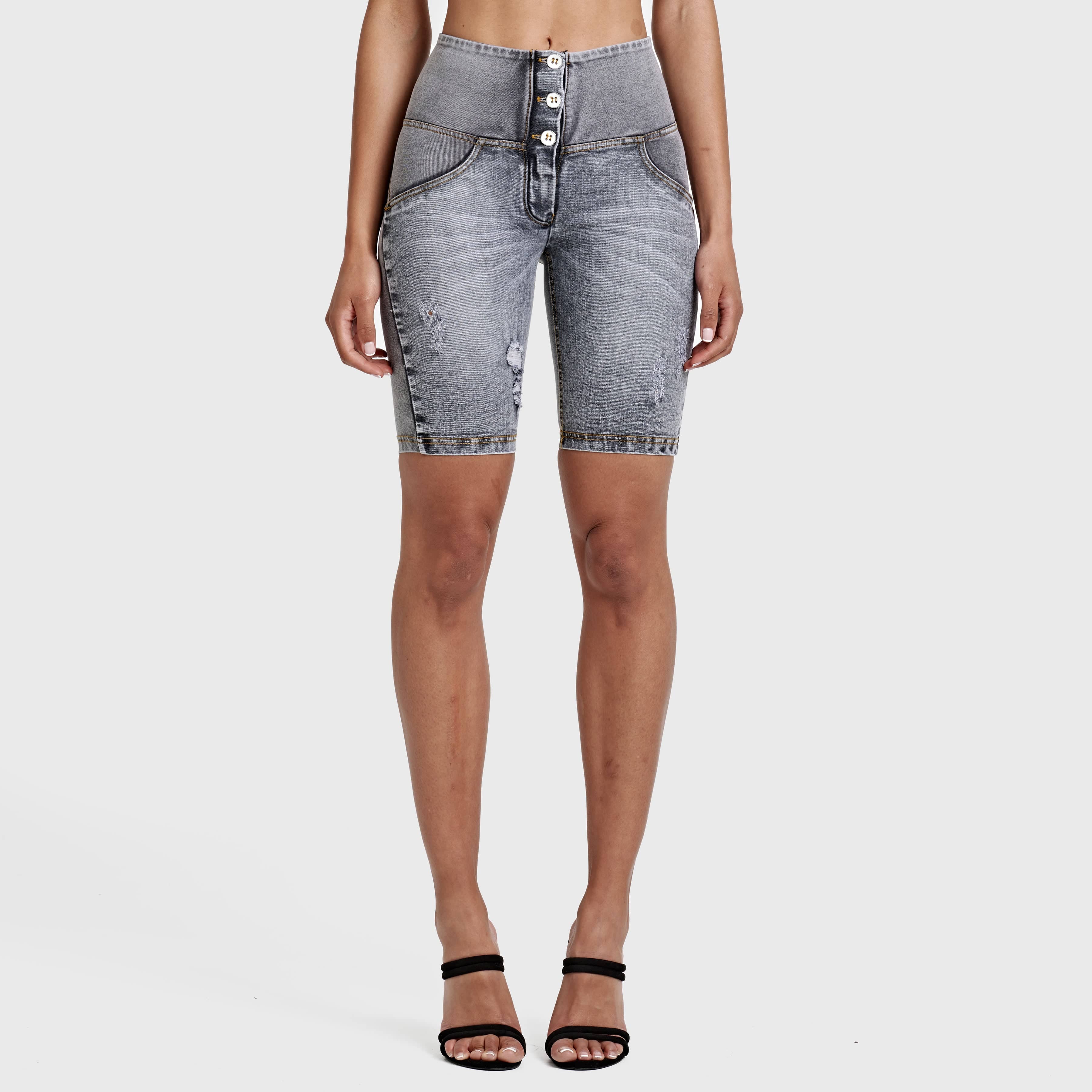 WR.UP® Distressed Denim - High Waisted - Biker Shorts - Grey + Yellow Stitching 1