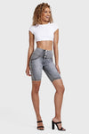 WR.UP® Distressed Denim - High Waisted - Biker Shorts - Grey + Yellow Stitching 7
