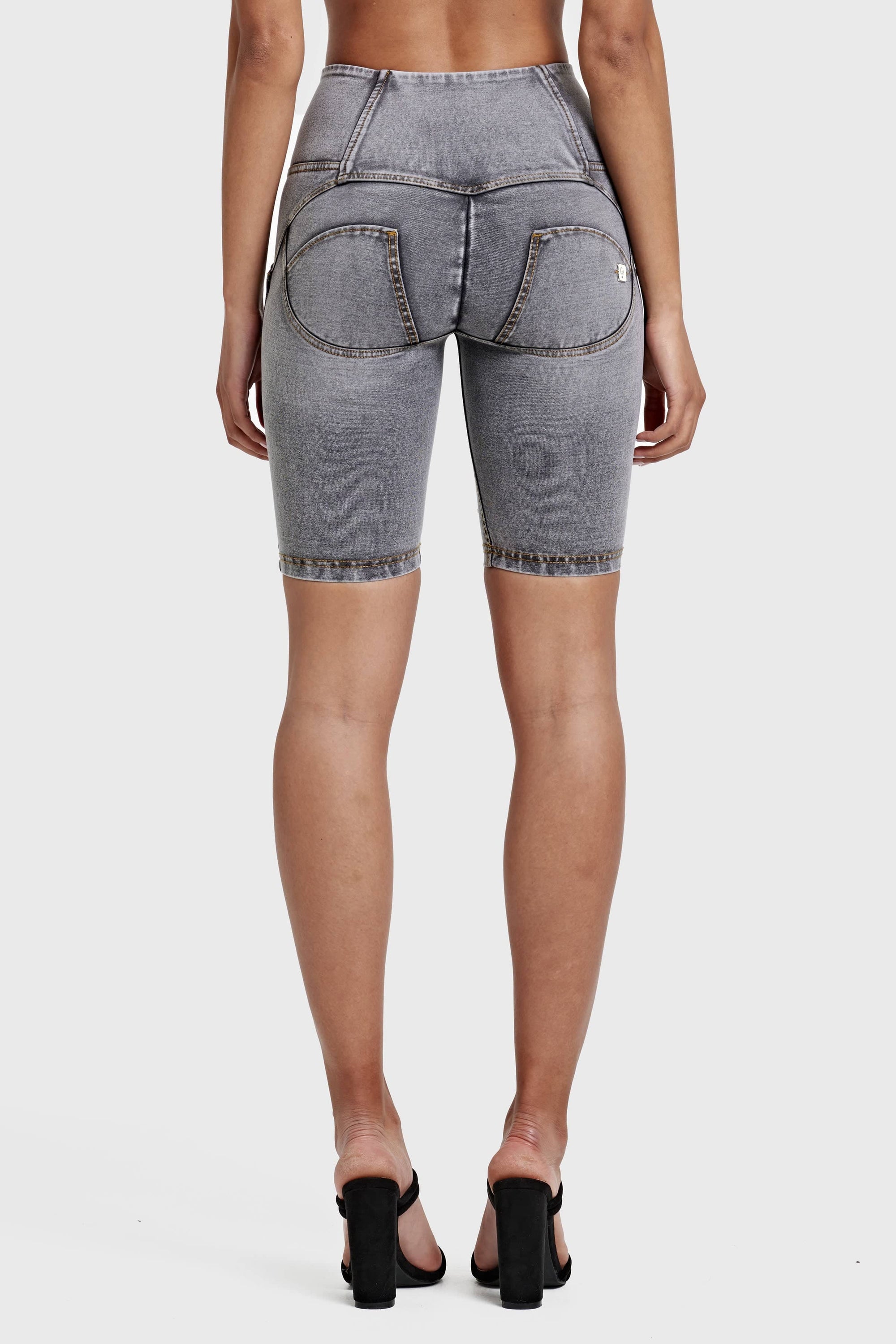 WR.UP® Distressed Denim - High Waisted - Biker Shorts - Grey + Yellow Stitching 9