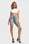 WR.UP® Distressed Denim - High Waisted - Biker Shorts - Grey + Yellow Stitching 6