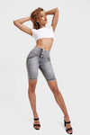 WR.UP® Distressed Denim - High Waisted - Biker Shorts - Grey + Yellow Stitching 4