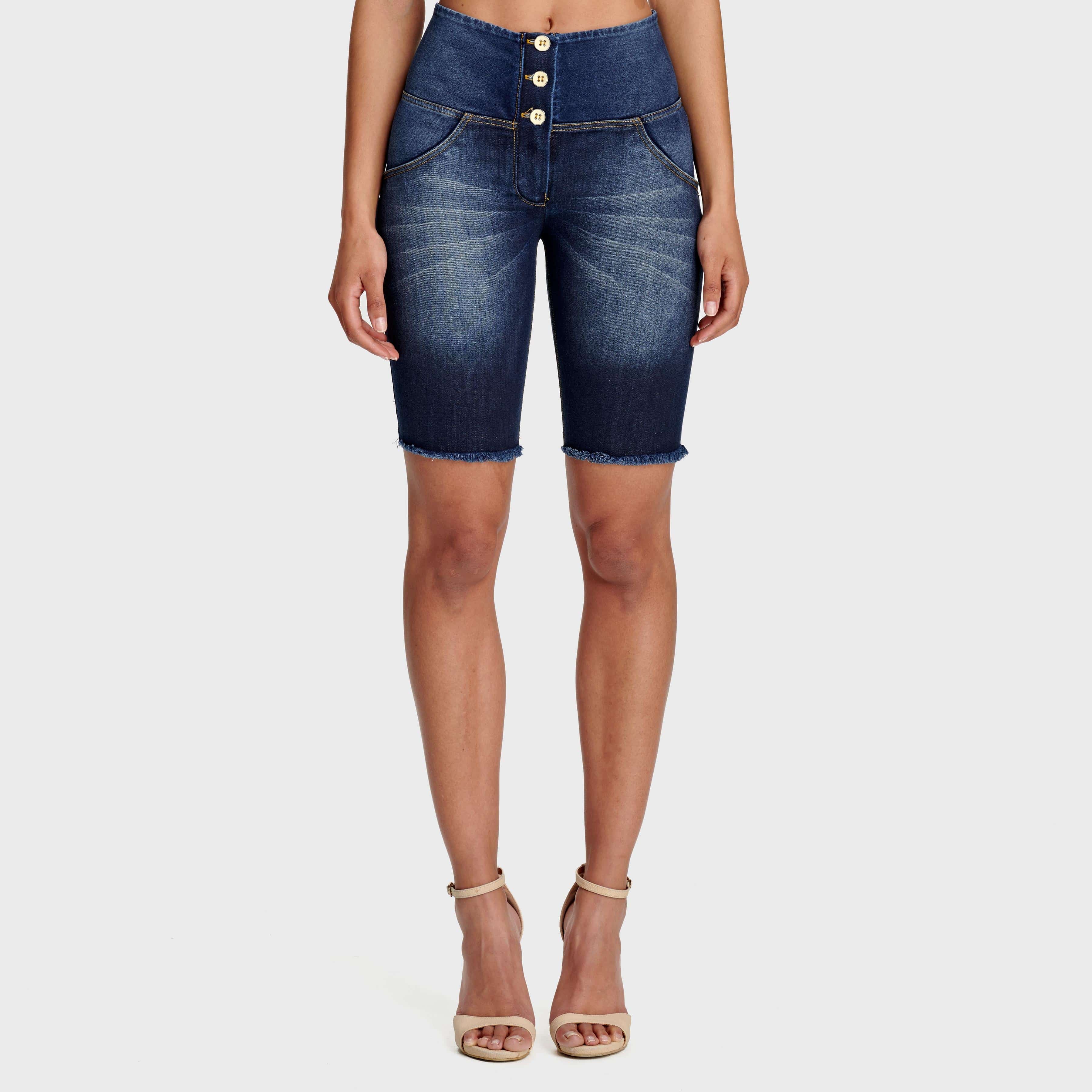 WR.UP® Denim - High Waisted - 3 Button Biker Shorts - Dark Blue + Yellow Stitching 1