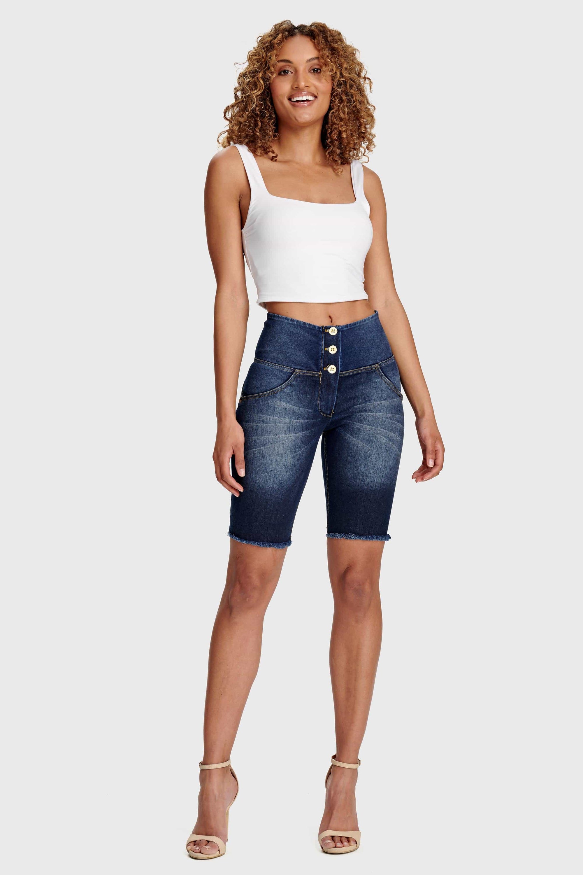 WR.UP® Denim - High Waisted - 3 Button Biker Shorts - Dark Blue + Yellow Stitching 6