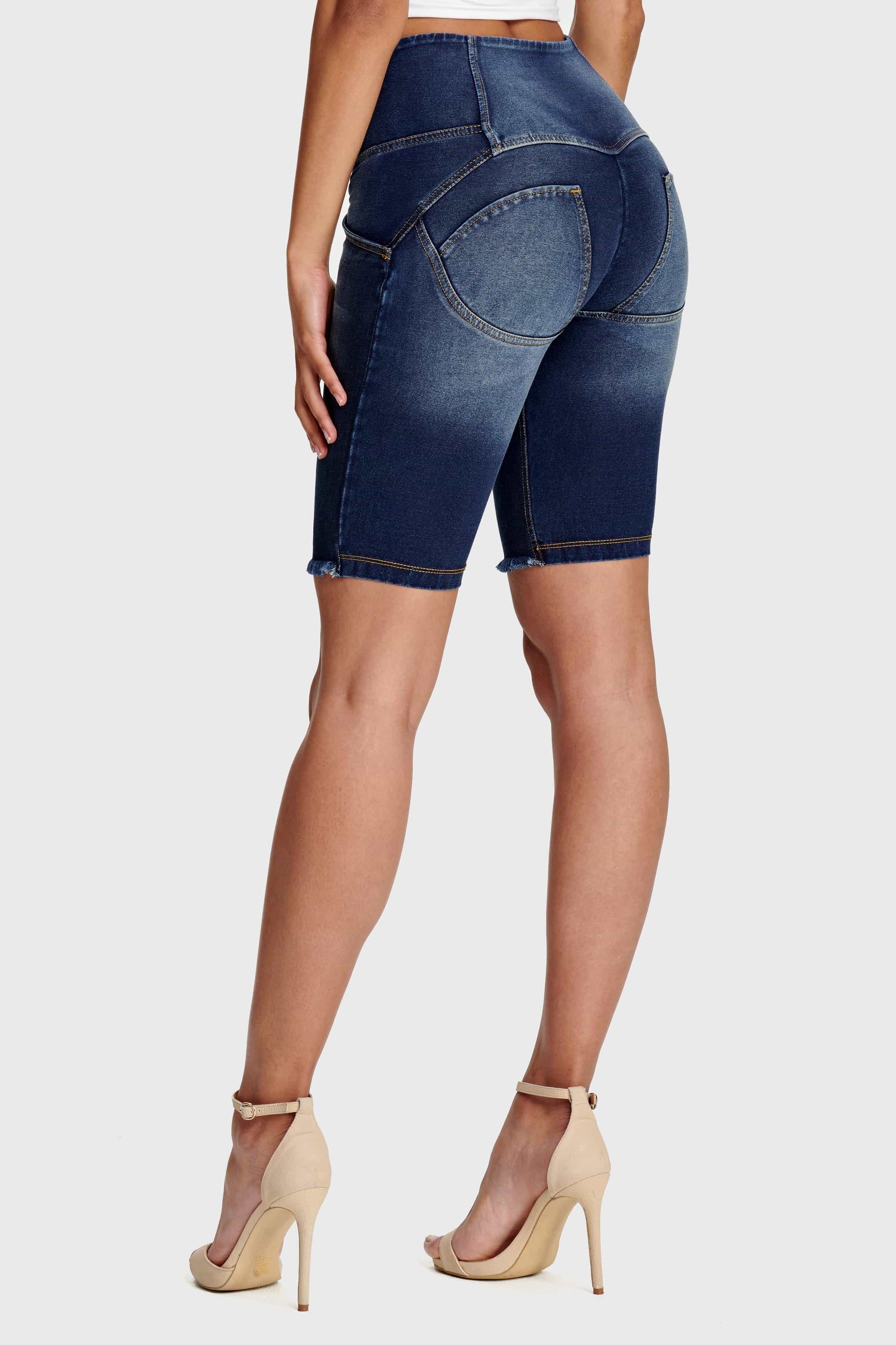 WR.UP® Denim - High Waisted - 3 Button Biker Shorts - Dark Blue + Yellow Stitching 4