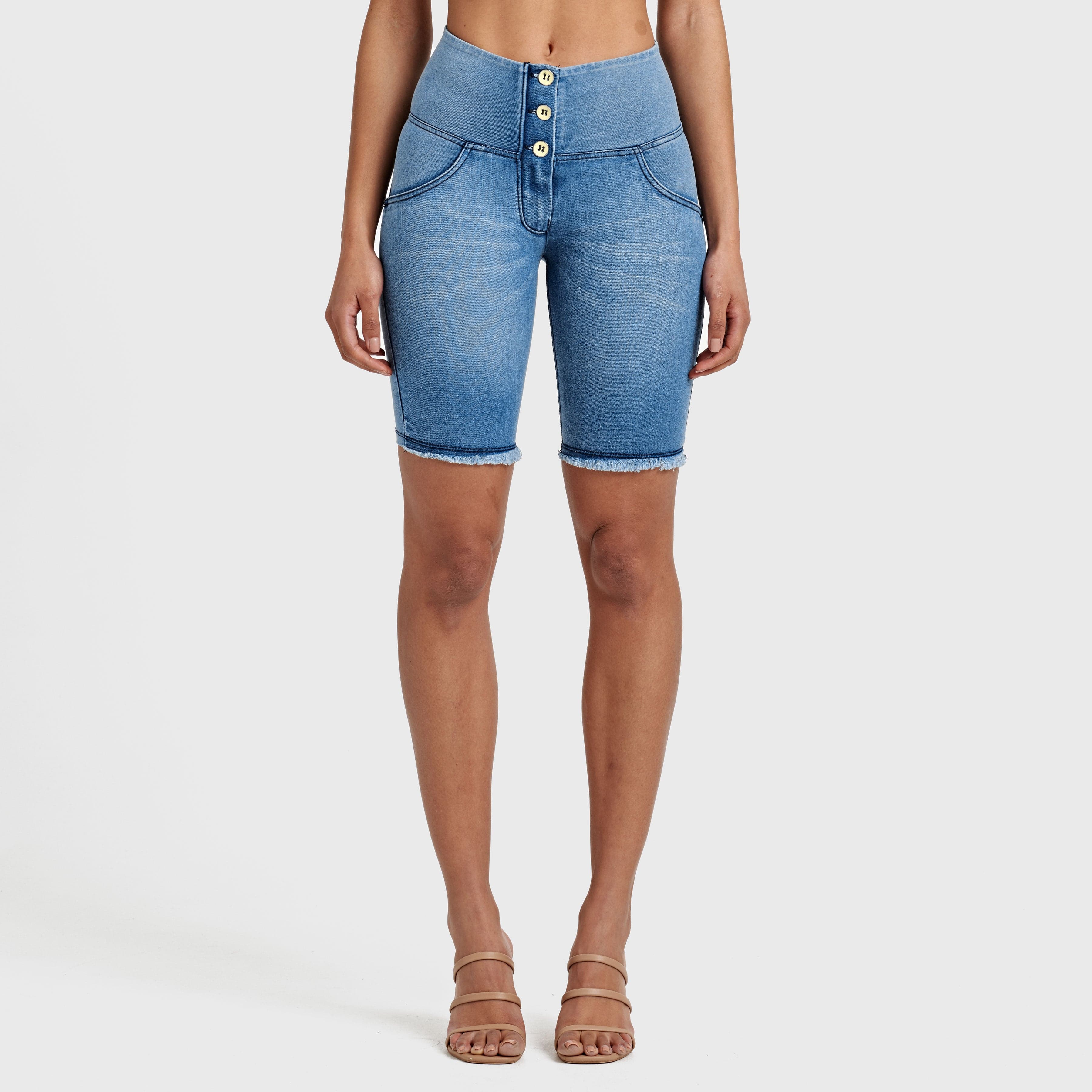 WR.UP® Denim - High Waisted - 3 Button Biker Shorts - Light Blue + Blue Stitching 1