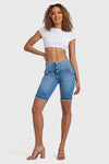 WR.UP® Denim - High Waisted - 3 Button Biker Shorts - Light Blue + Blue Stitching 5