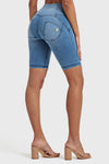WR.UP® Denim - High Waisted - 3 Button Biker Shorts - Light Blue + Blue Stitching 8