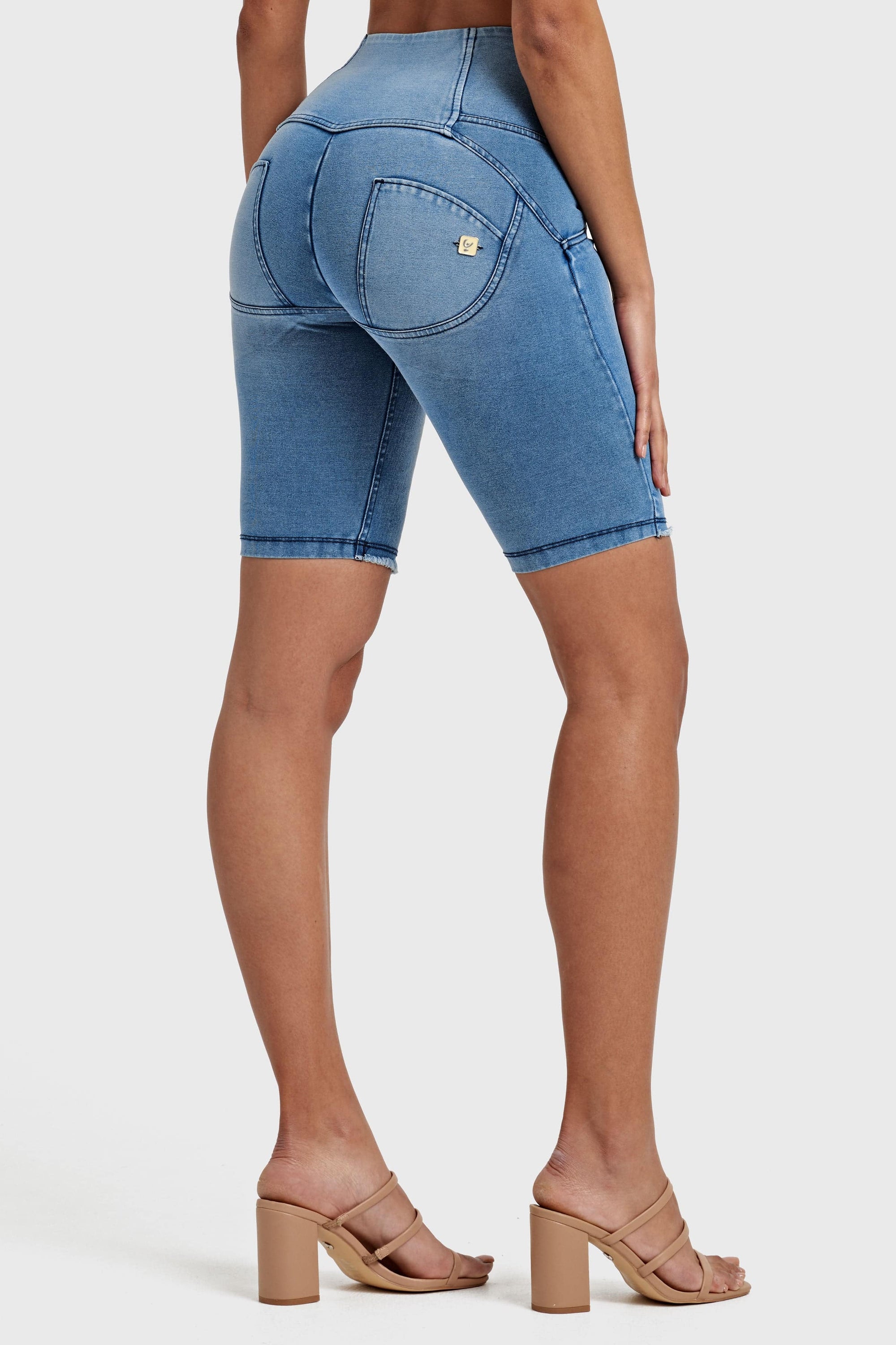 WR.UP® Denim - High Waisted - 3 Button Biker Shorts - Light Blue + Blue Stitching 8