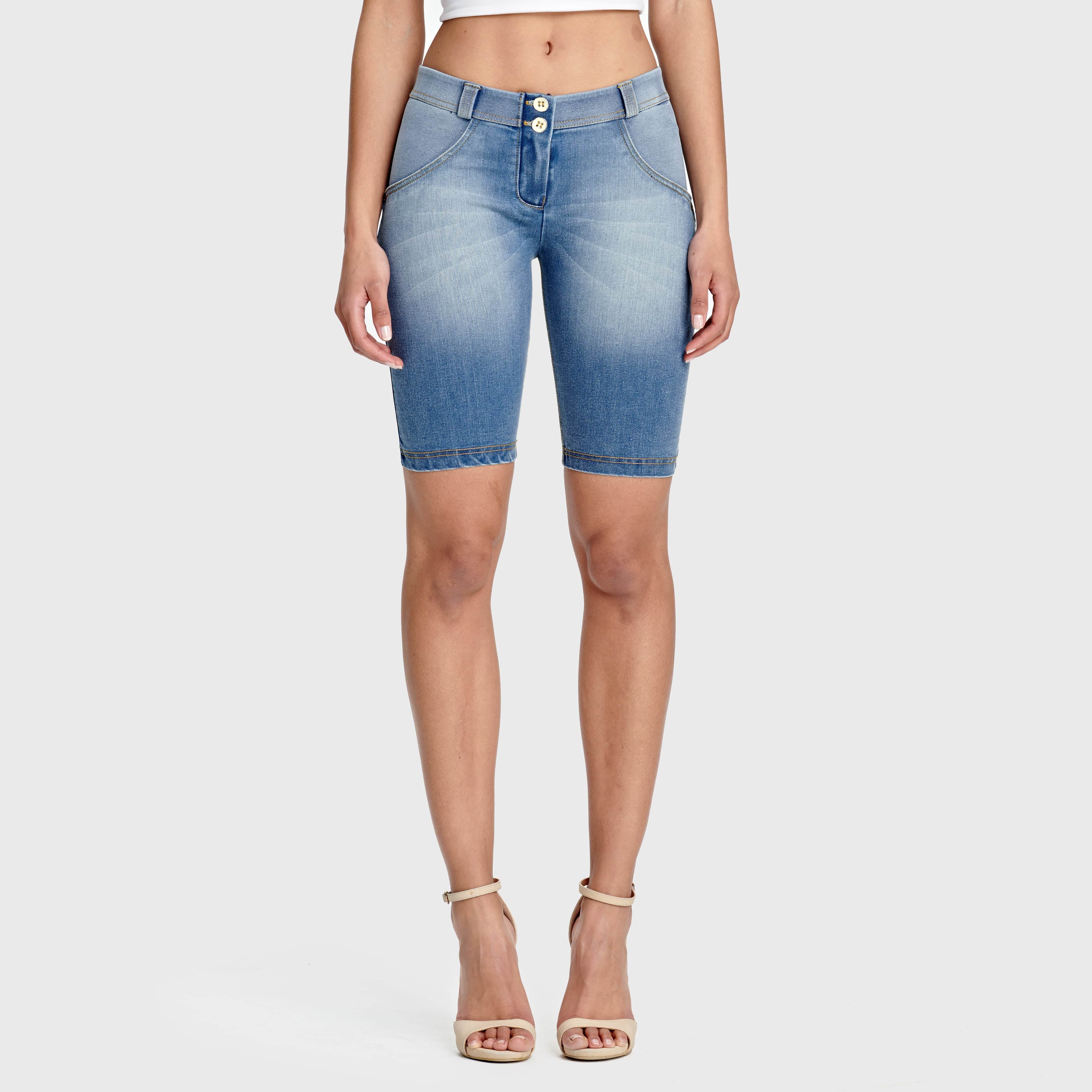 WR.UP® Denim - Mid Rise - Biker Shorts - Light Blue + Yellow Stitching 1