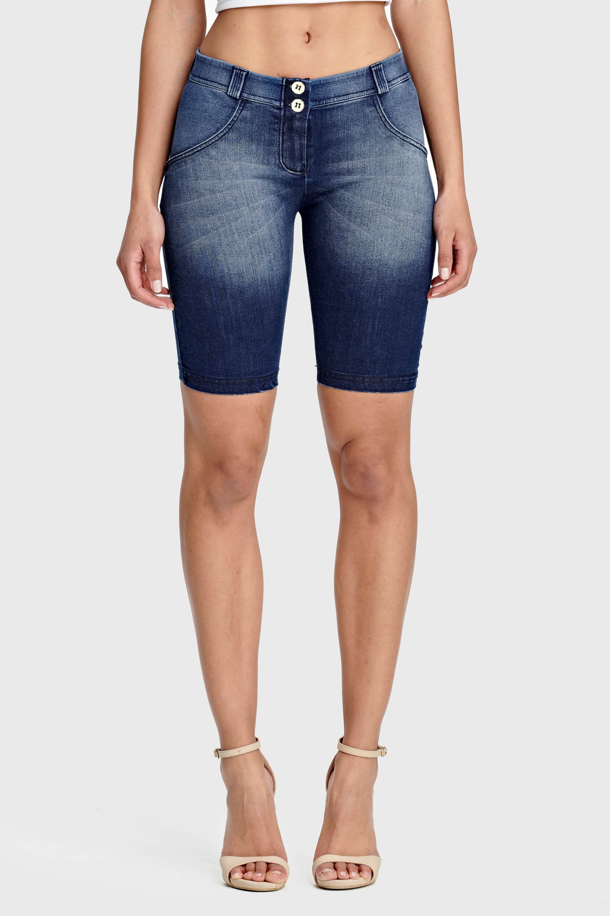 WR.UP® Denim - Mid Rise - Biker Shorts - Dark Blue + Blue Stitching 1