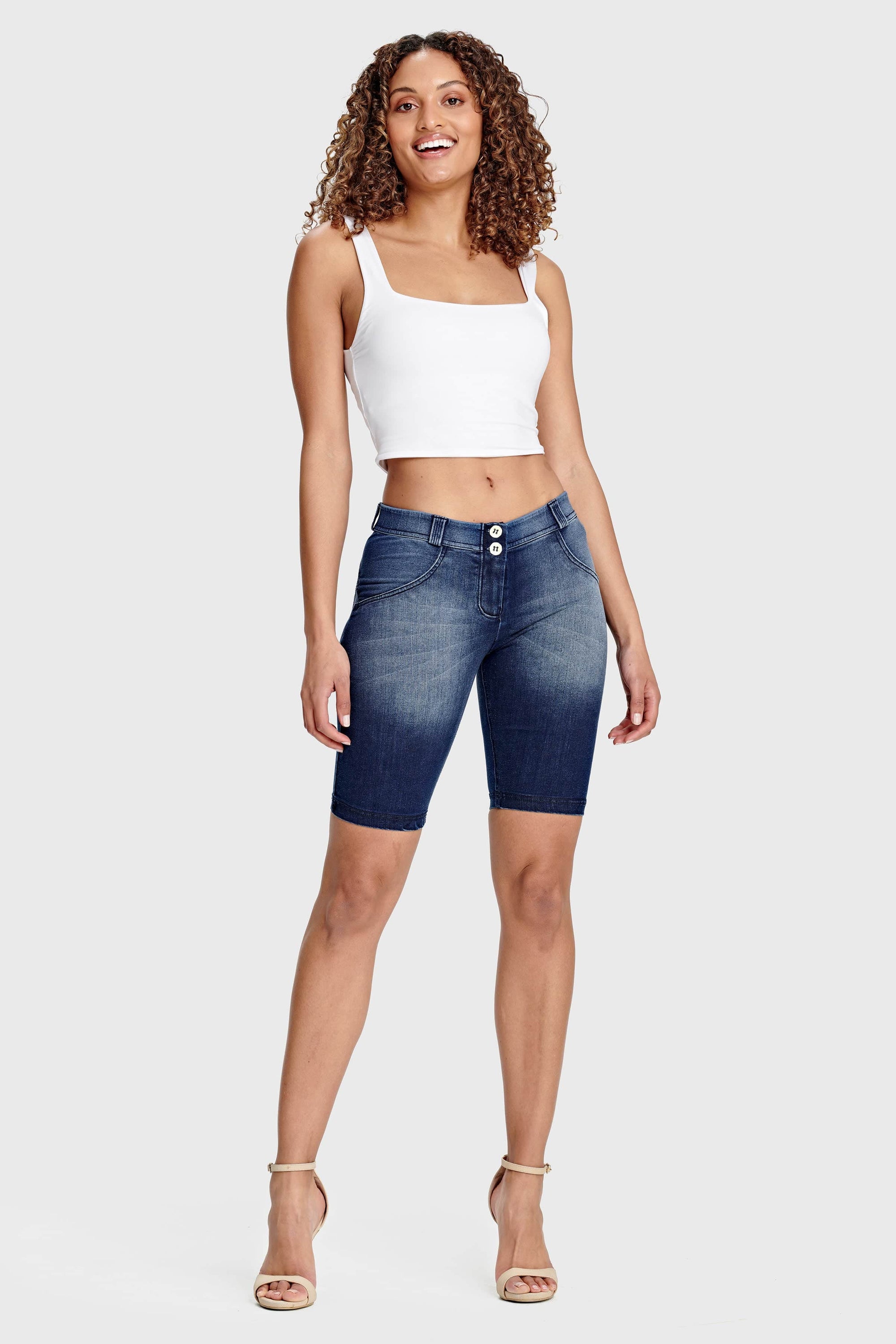 WR.UP® Denim - Mid Rise - Biker Shorts - Dark Blue + Blue Stitching 7