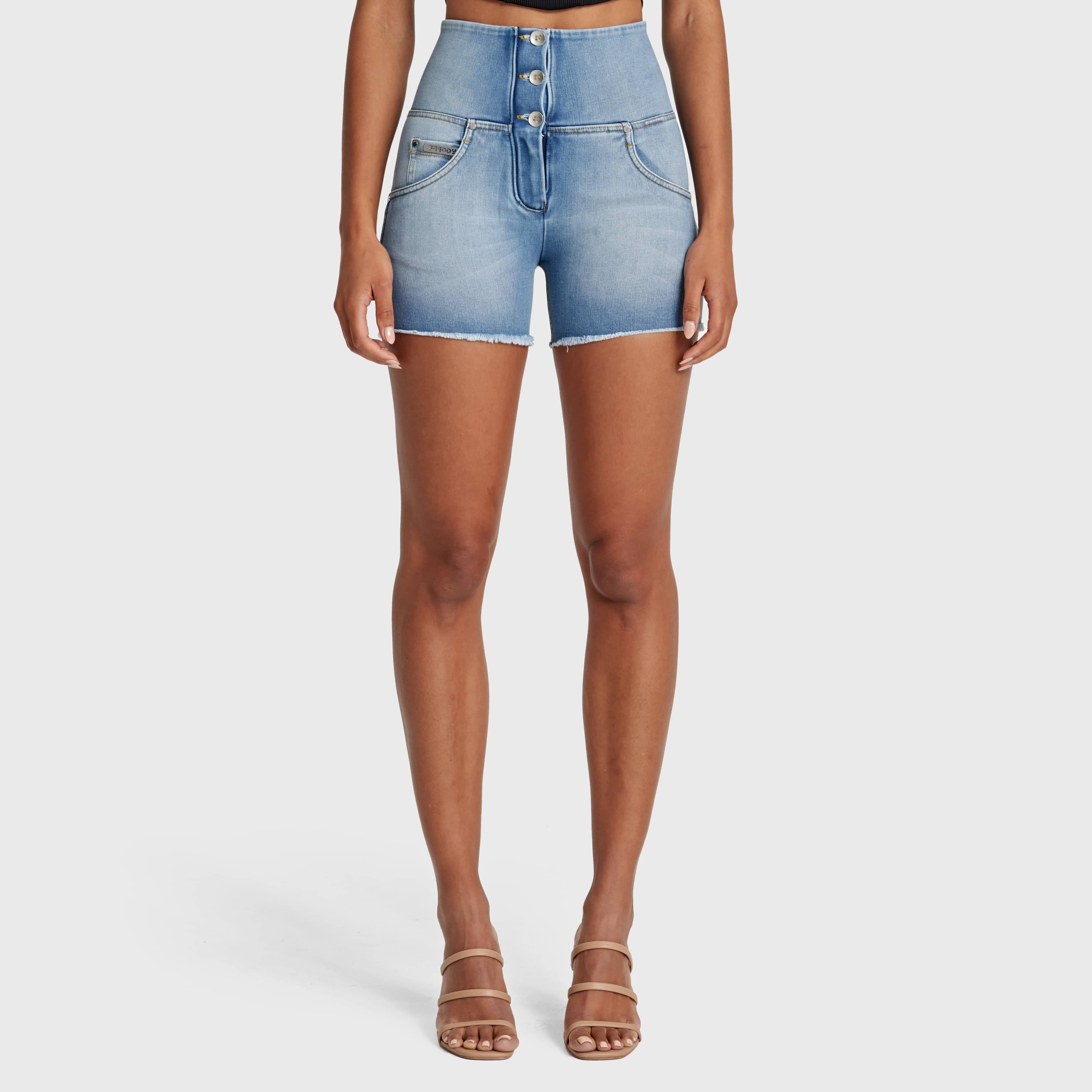 WR.UP® Snug Jeans - High Waisted - Shorts - Light Blue + Yellow Stitching 1