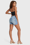WR.UP® Snug Jeans - High Waisted - Shorts - Light Blue + Yellow Stitching 6