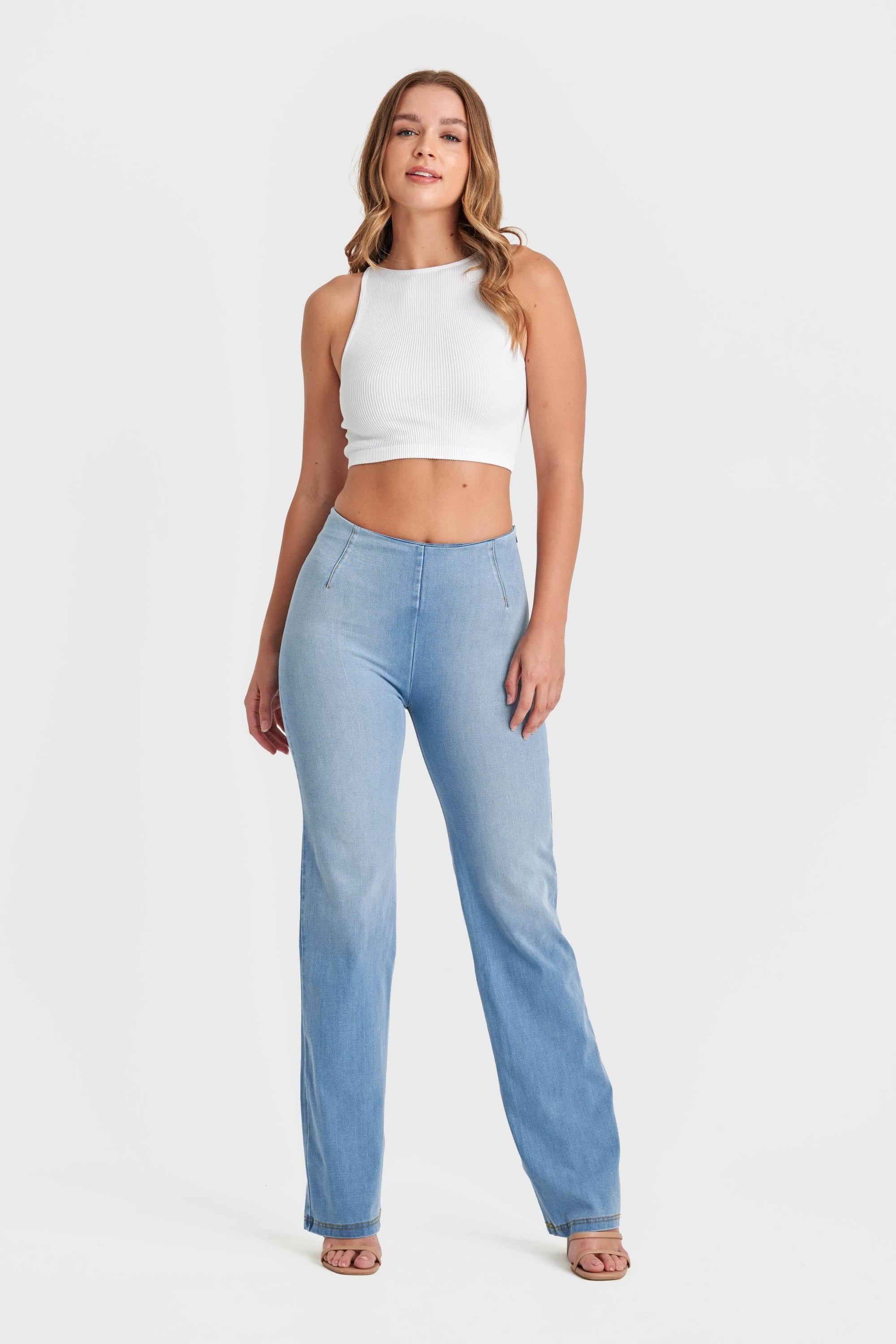 WR.UP® Snug Jeans - High Waisted - Flare - Light Blue + Yellow Stitching 2
