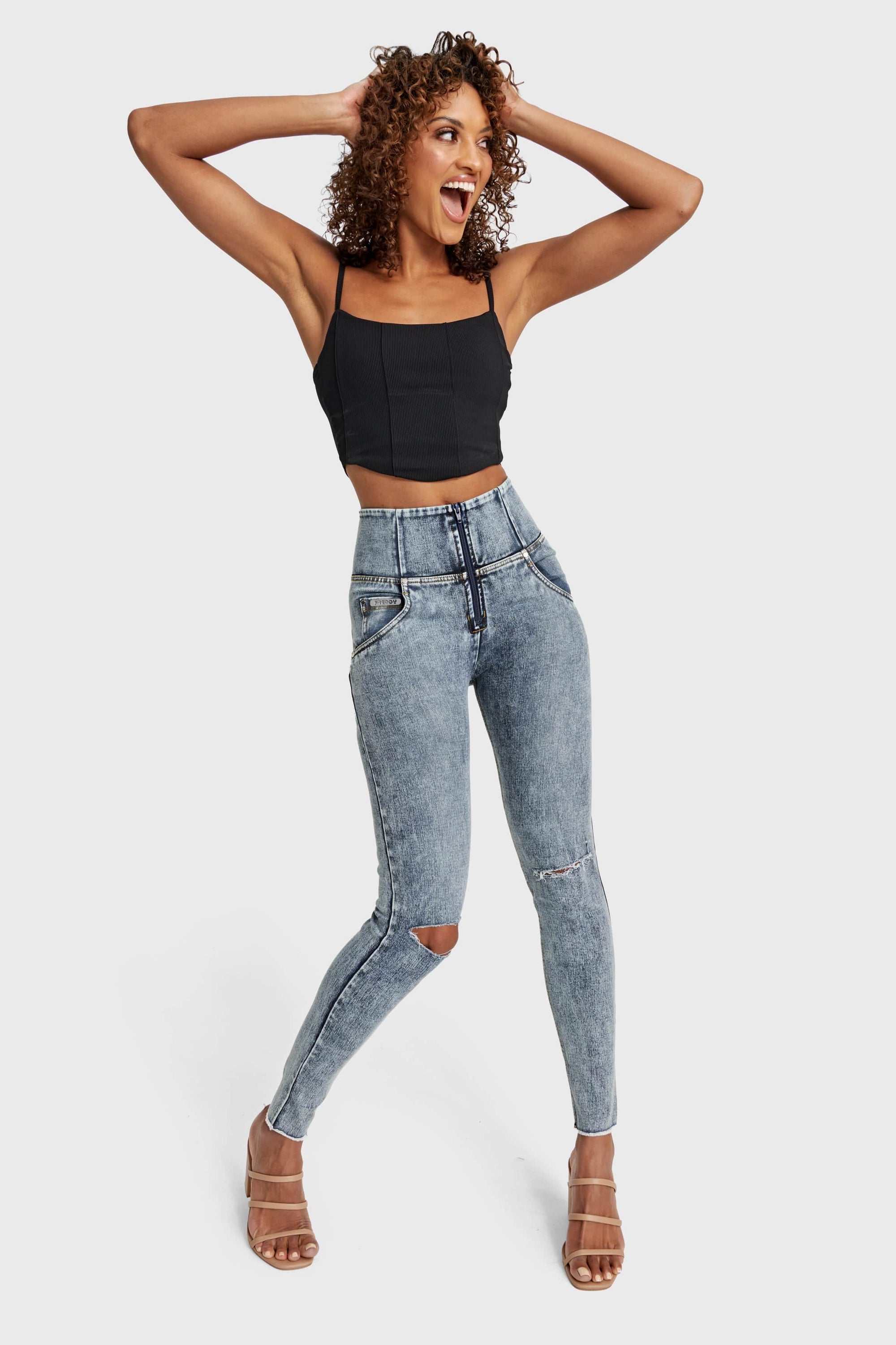 WR.UP® Snug Ripped Jeans - High Waisted - Full Length - Blue Stonewash + Yellow Stitching 6