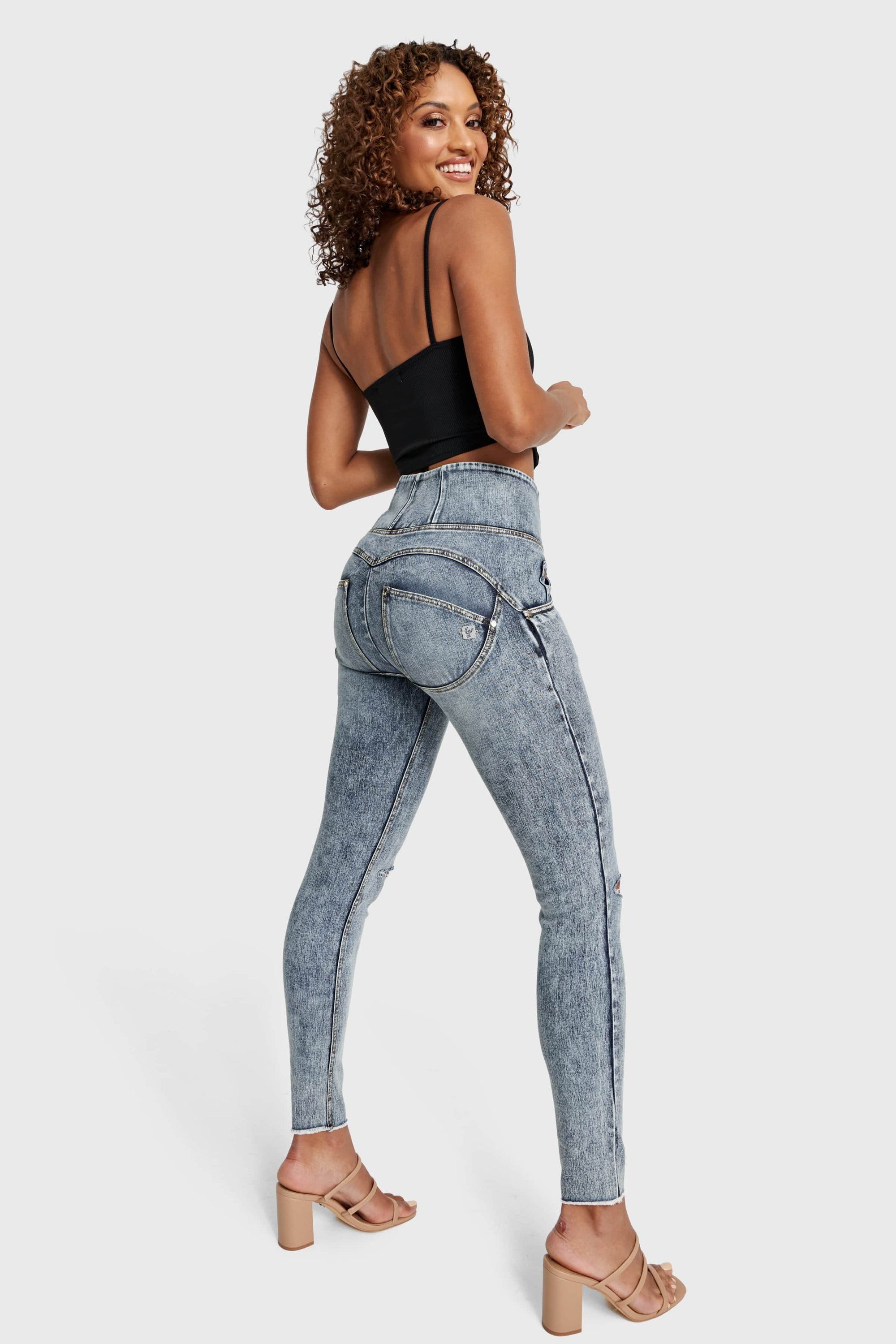 WR.UP® Snug Ripped Jeans - High Waisted - Full Length - Blue Stonewash + Yellow Stitching 7