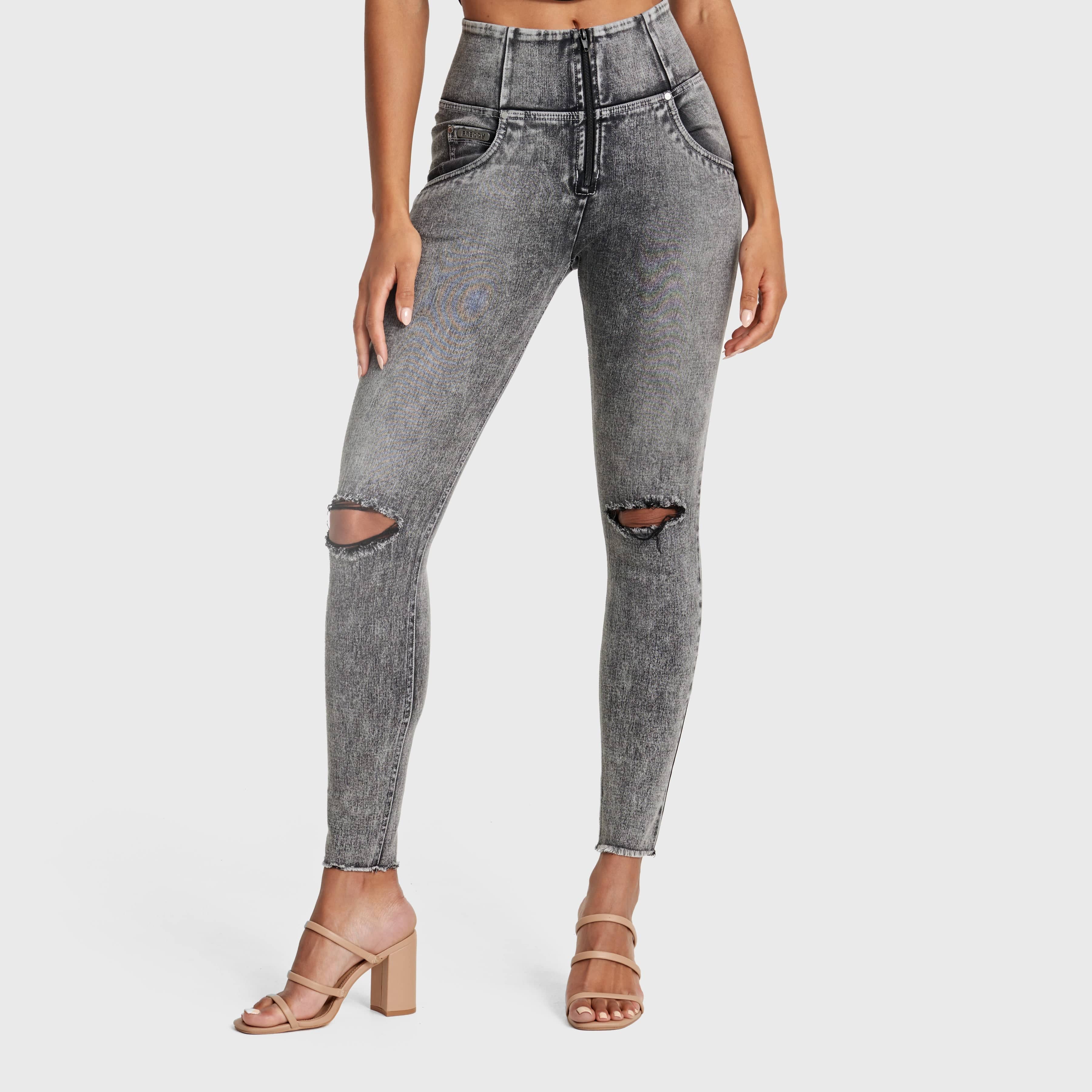 WR.UP® Snug Ripped Jeans - High Waisted - Full Length - Grey Stonewash + Grey Stitching 1