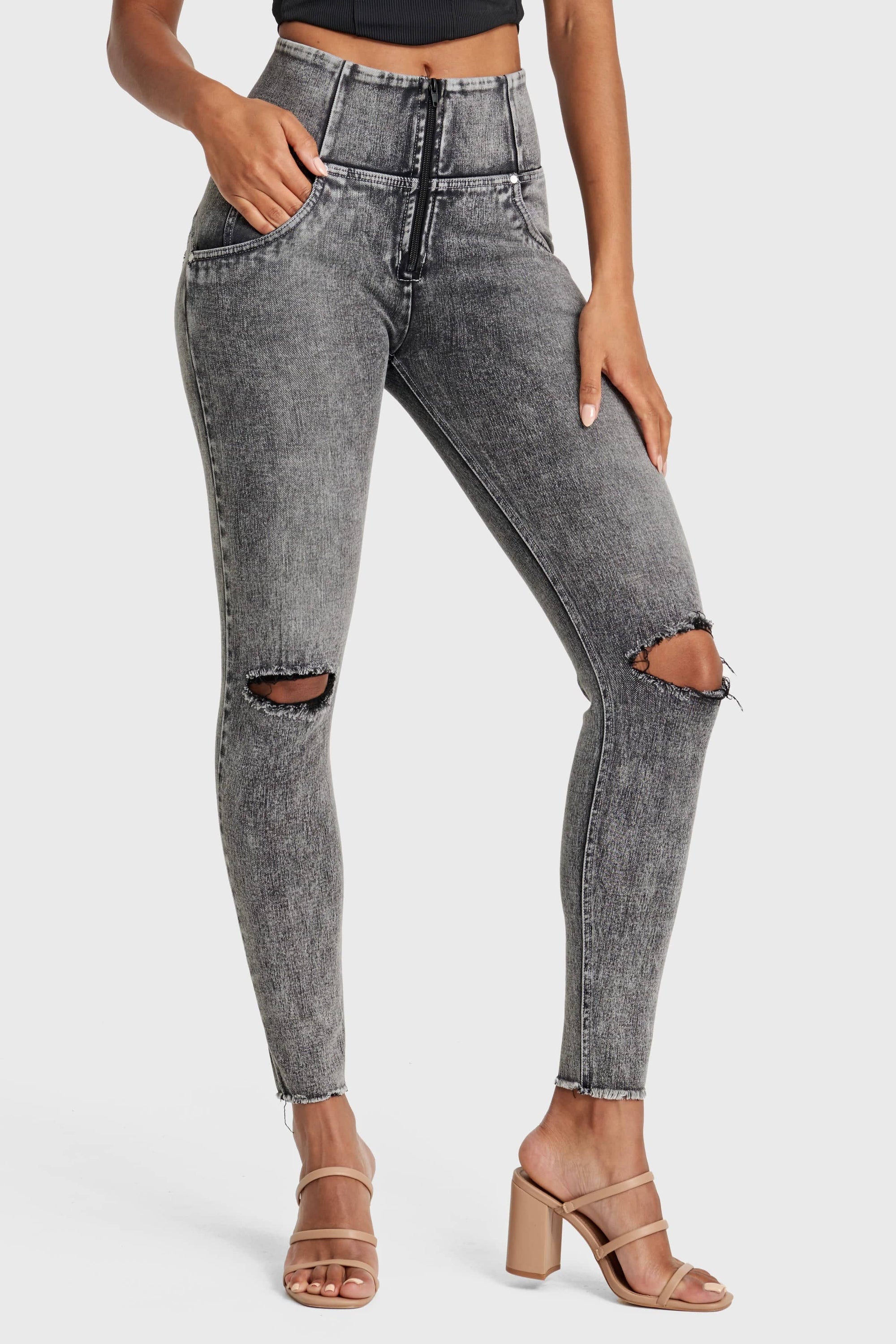 WR.UP® Snug Ripped Jeans - High Waisted - Full Length - Grey Stonewash + Grey Stitching 12