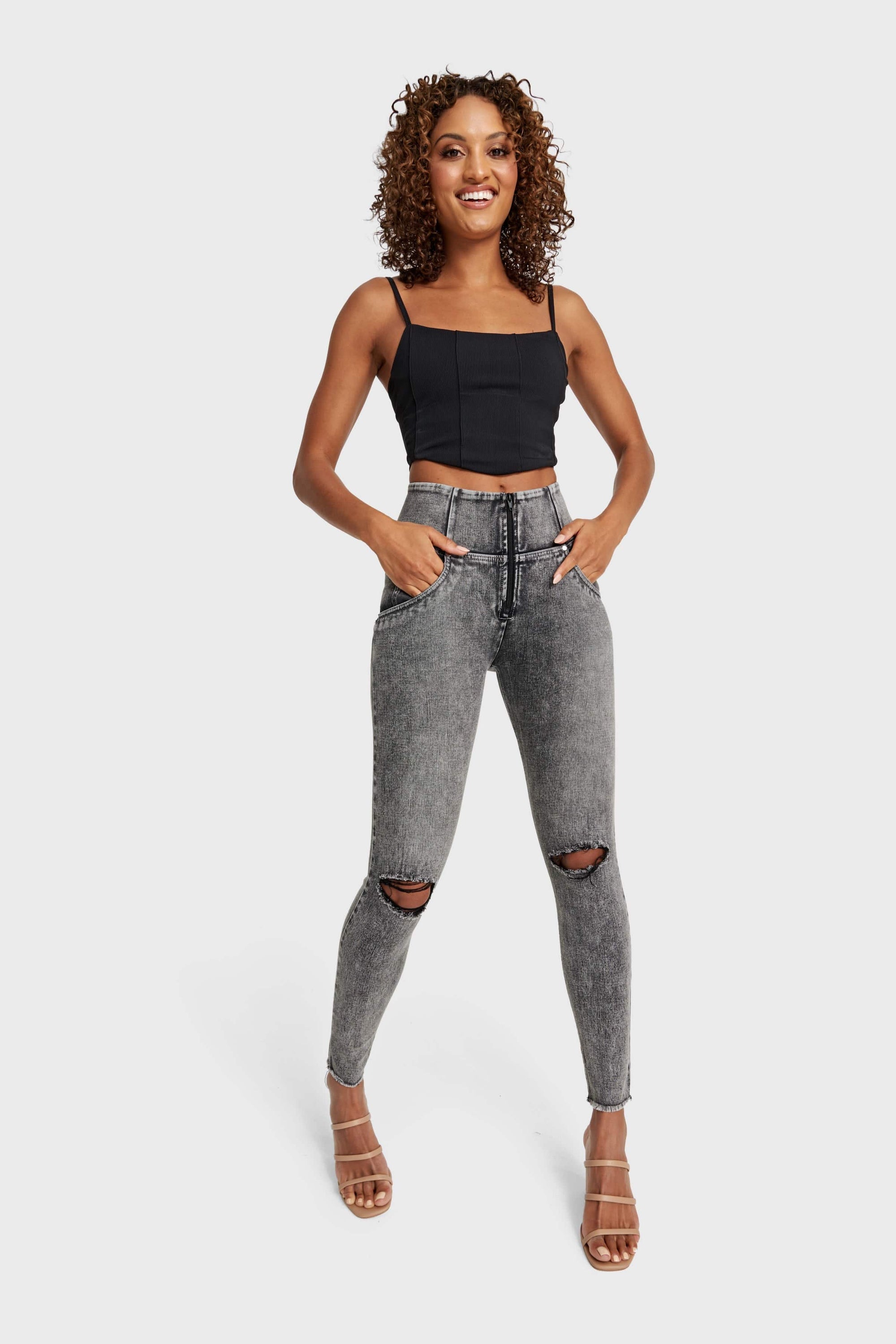 WR.UP® Snug Ripped Jeans - High Waisted - Full Length - Grey Stonewash + Grey Stitching 4
