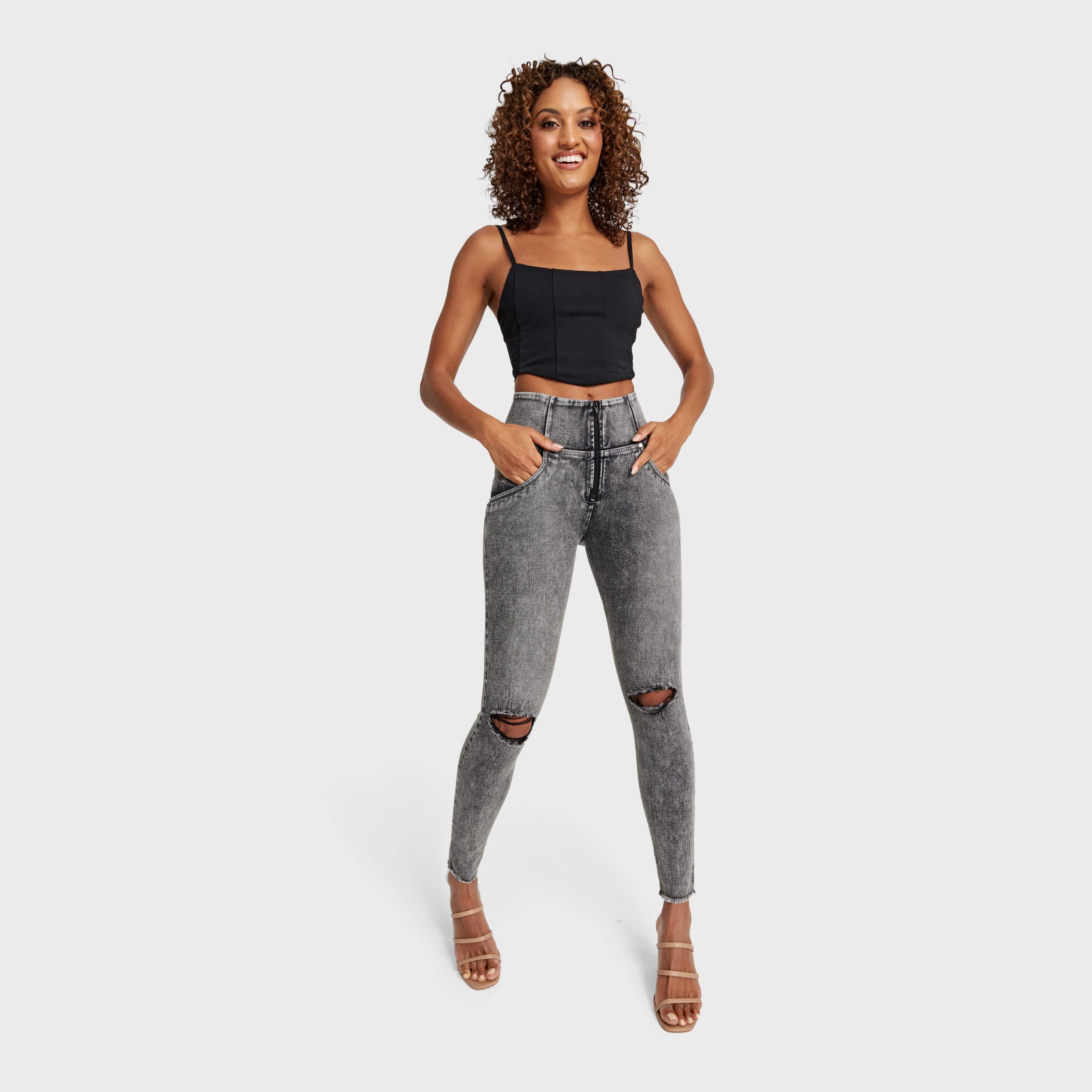 WR.UP® Snug Ripped Jeans - High Waisted - Full Length - Grey Stonewash + Grey Stitching 3