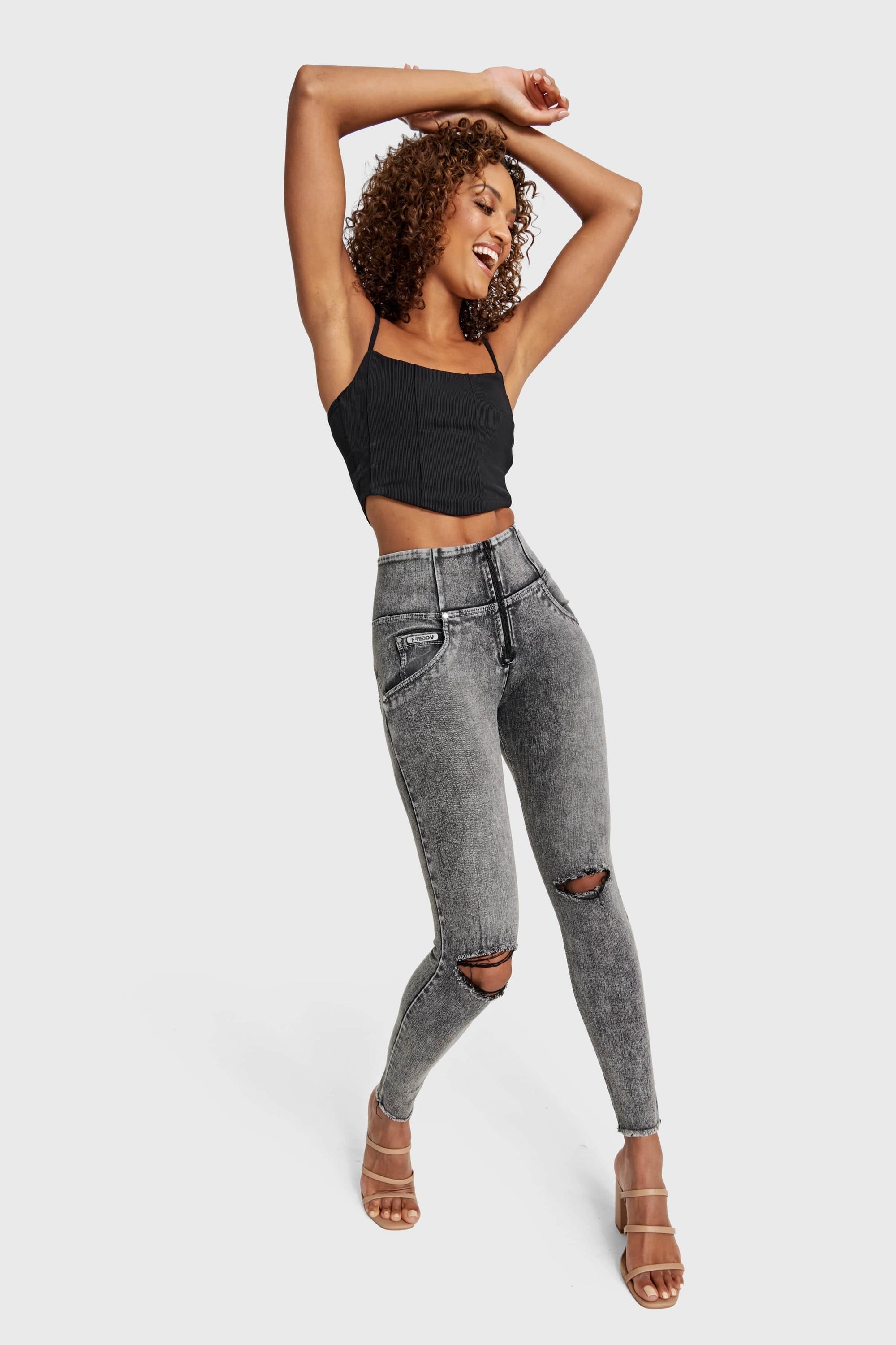 WR.UP® Snug Ripped Jeans - High Waisted - Full Length - Grey Stonewash + Grey Stitching 6