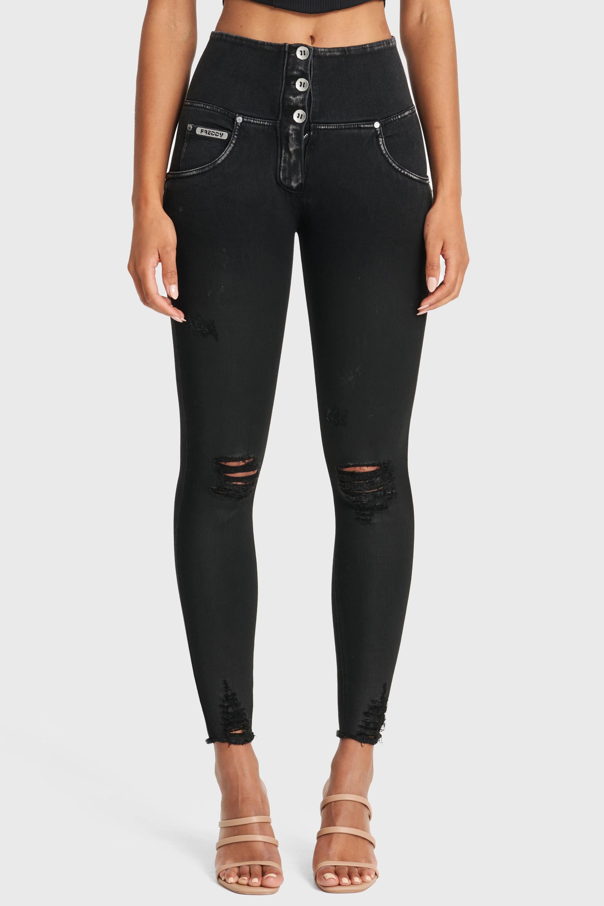 WR.UP® Snug Ripped Jeans - High Waisted - Full Length - Coated Black + Black Stitching 8