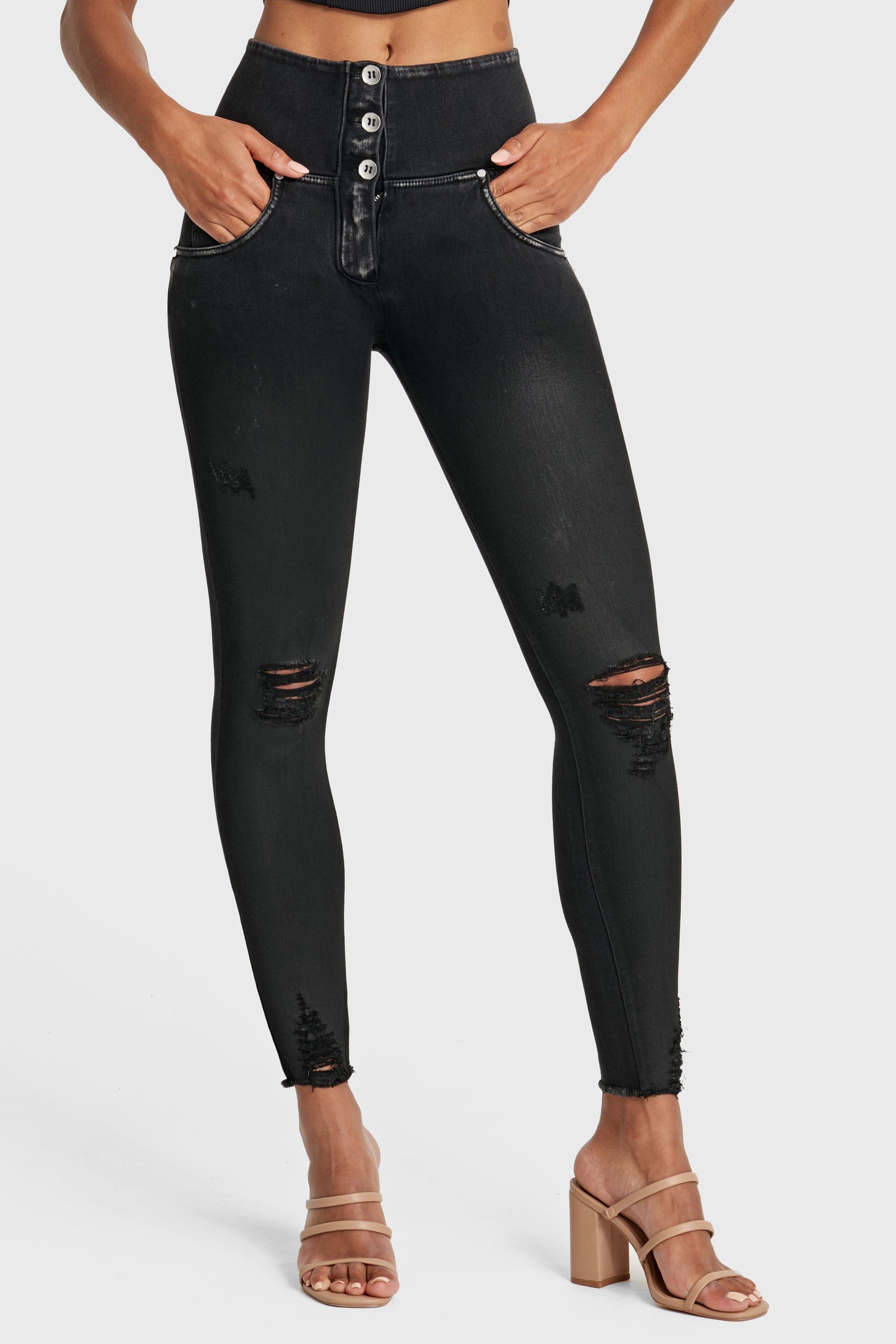 WR.UP® Snug Ripped Jeans - High Waisted - Full Length - Coated Black + Black Stitching 1