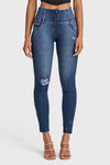 WR.UP® Snug Distressed Jeans - High Waisted - Full Length - Dark Blue + Blue Stitching 10