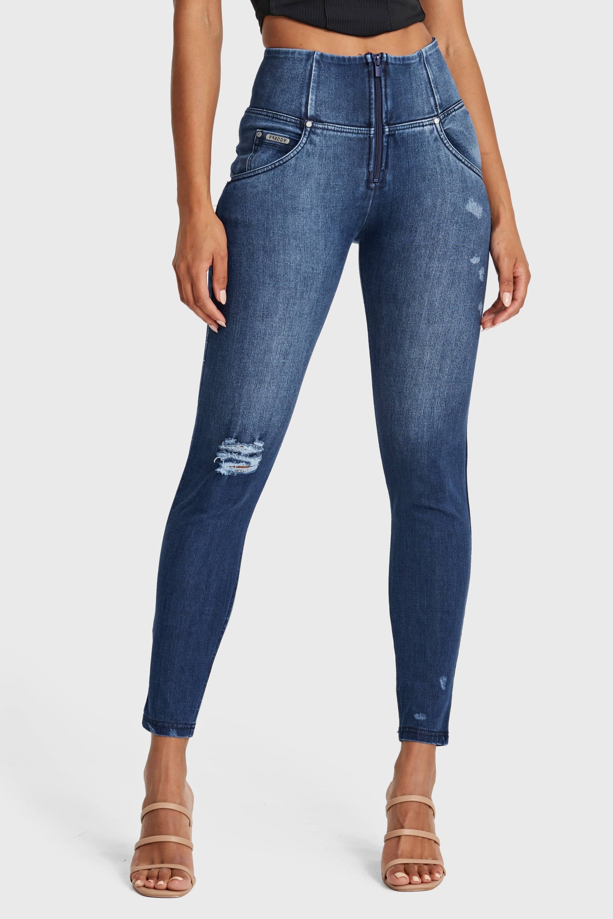 WR.UP® Snug Distressed Jeans - High Waisted - Full Length - Dark Blue + Blue Stitching 9