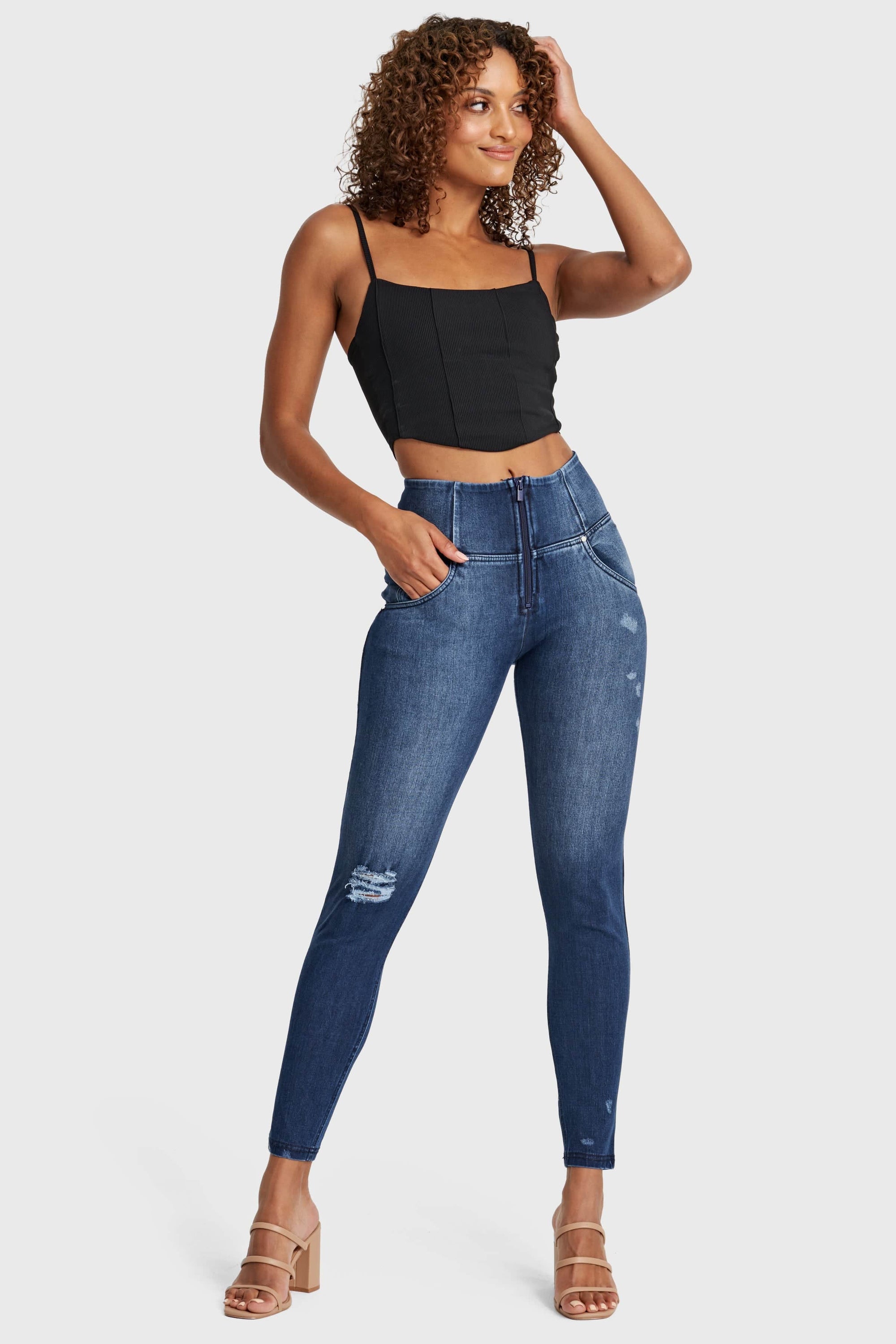 WR.UP® Snug Distressed Jeans - High Waisted - Full Length - Dark Blue + Blue Stitching 5
