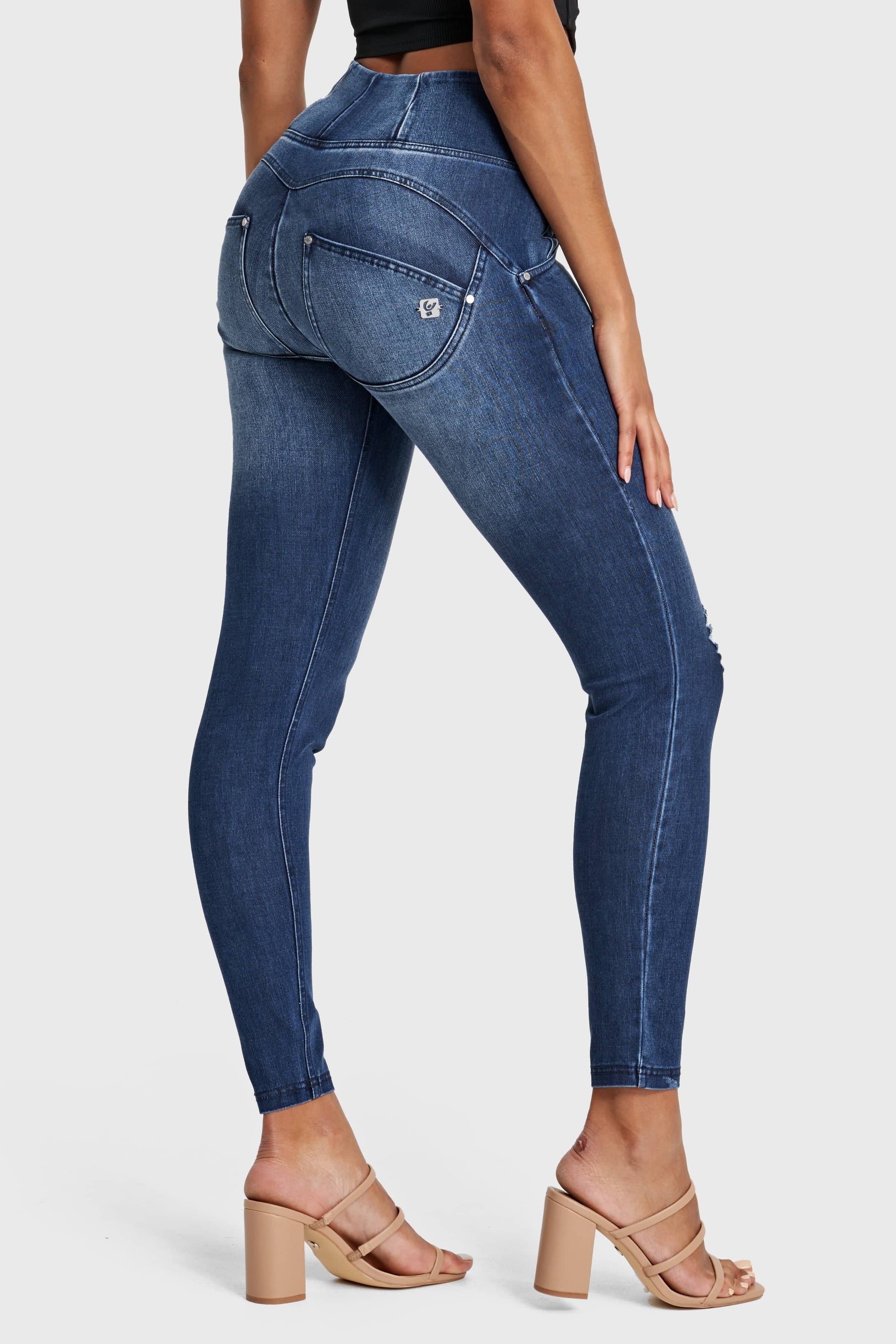 WR.UP® Snug Distressed Jeans - High Waisted - Full Length - Dark Blue + Blue Stitching 8