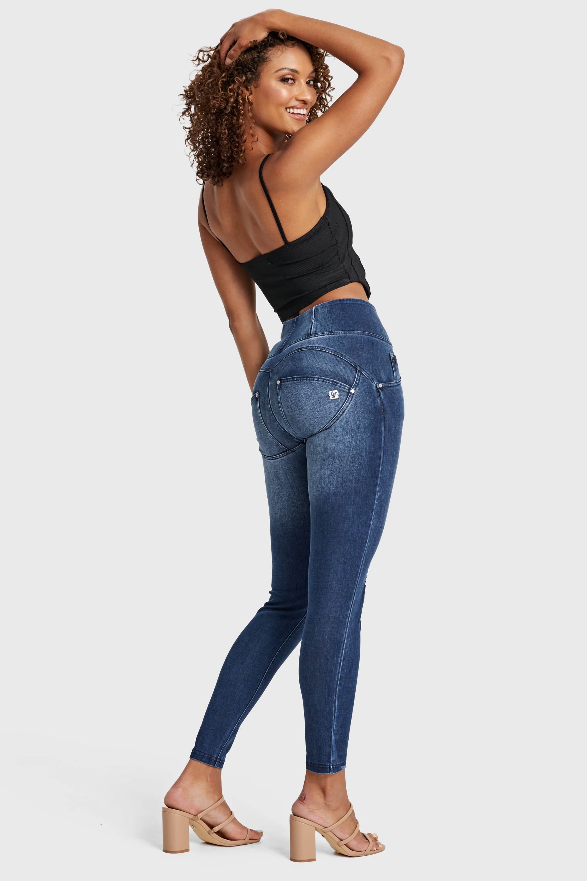 WR.UP® Snug Distressed Jeans - High Waisted - Full Length - Dark Blue + Blue Stitching 6