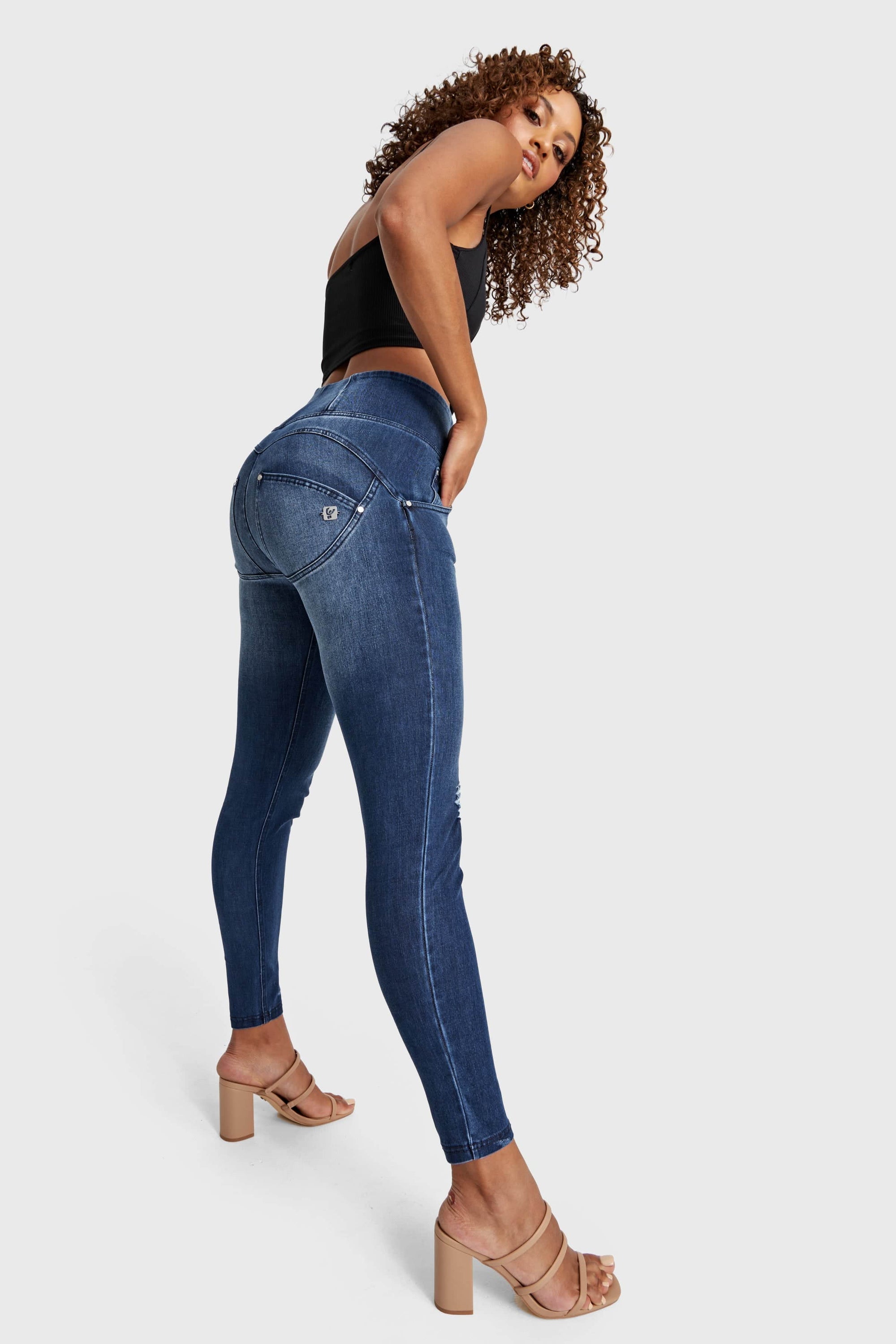WR.UP® Snug Distressed Jeans - High Waisted - Full Length - Dark Blue + Blue Stitching 3