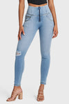 WR.UP® Snug Distressed Jeans - High Waisted - Full Length - Light Blue + Yellow Stitching 10