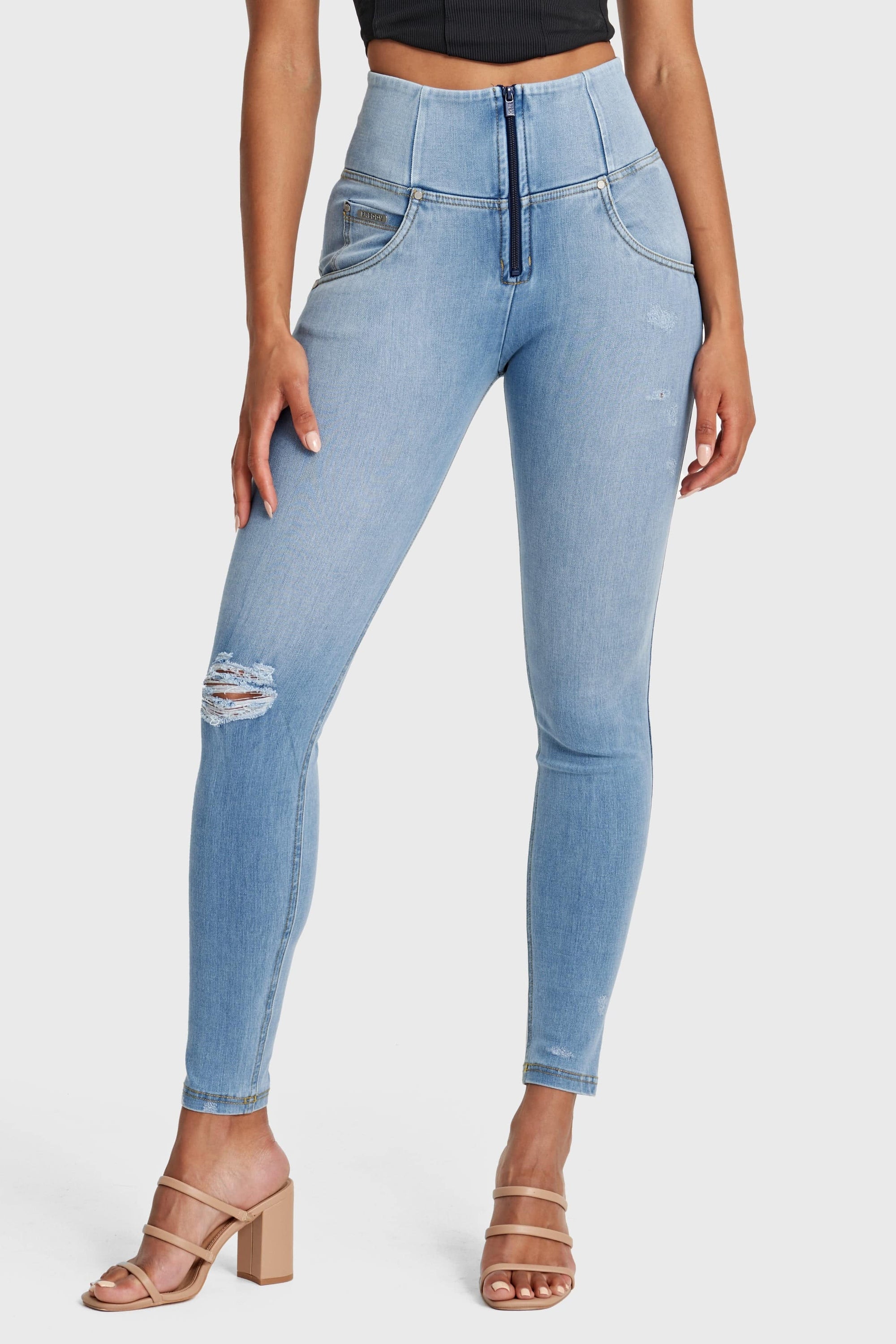 WR.UP® Snug Distressed Jeans - High Waisted - Full Length - Light Blue + Yellow Stitching 10