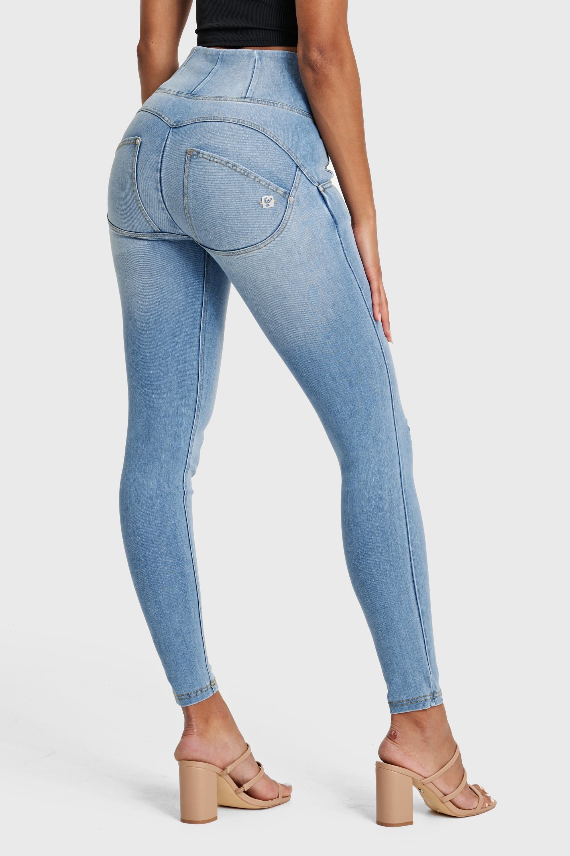 WR.UP® Snug Distressed Jeans - High Waisted - Full Length - Light Blue + Yellow Stitching 9