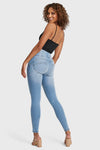 WR.UP® Snug Distressed Jeans - High Waisted - Full Length - Light Blue + Yellow Stitching 8