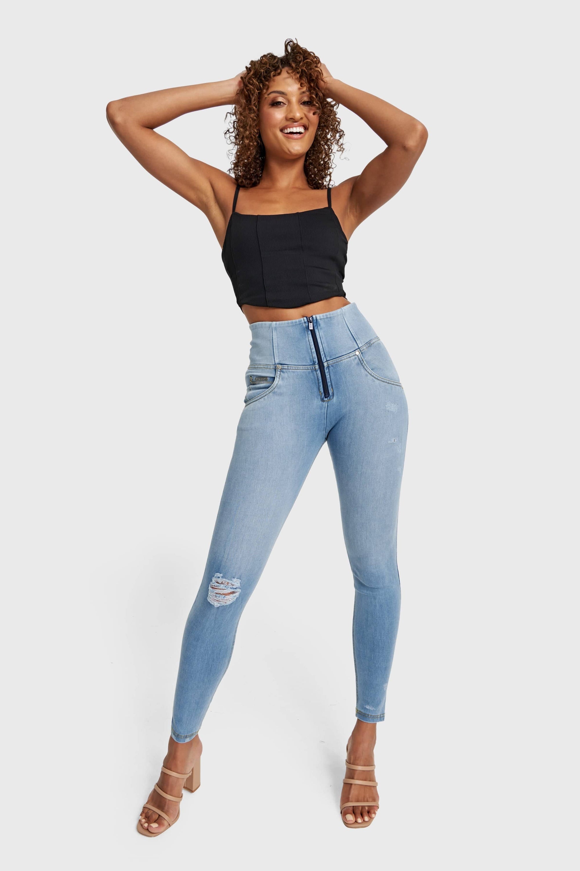 WR.UP® Snug Distressed Jeans - High Waisted - Full Length - Light Blue + Yellow Stitching 4