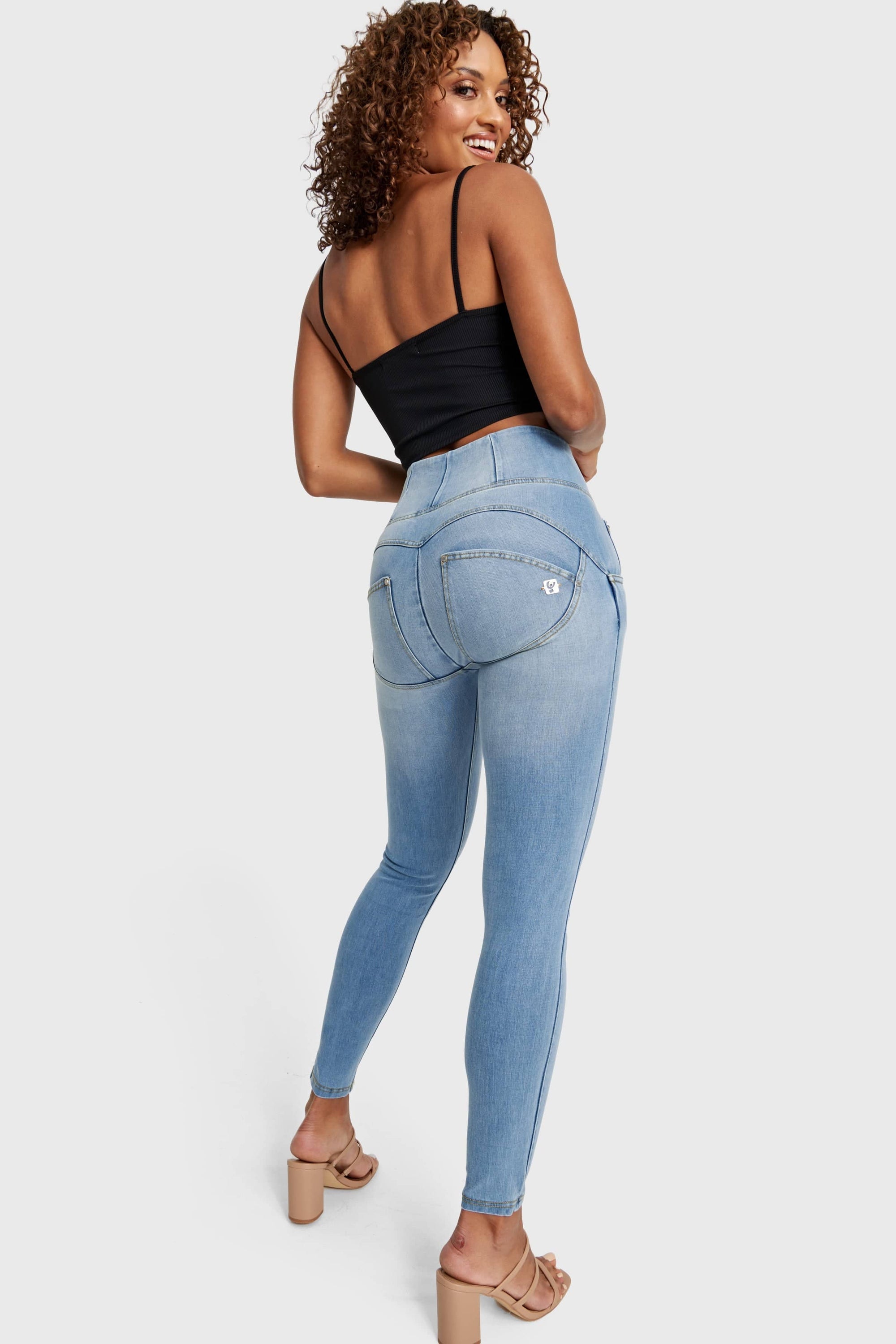 WR.UP® Snug Distressed Jeans - High Waisted - Full Length - Light Blue + Yellow Stitching 5