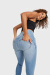 WR.UP® Snug Distressed Jeans - High Waisted - Full Length - Light Blue + Yellow Stitching 3